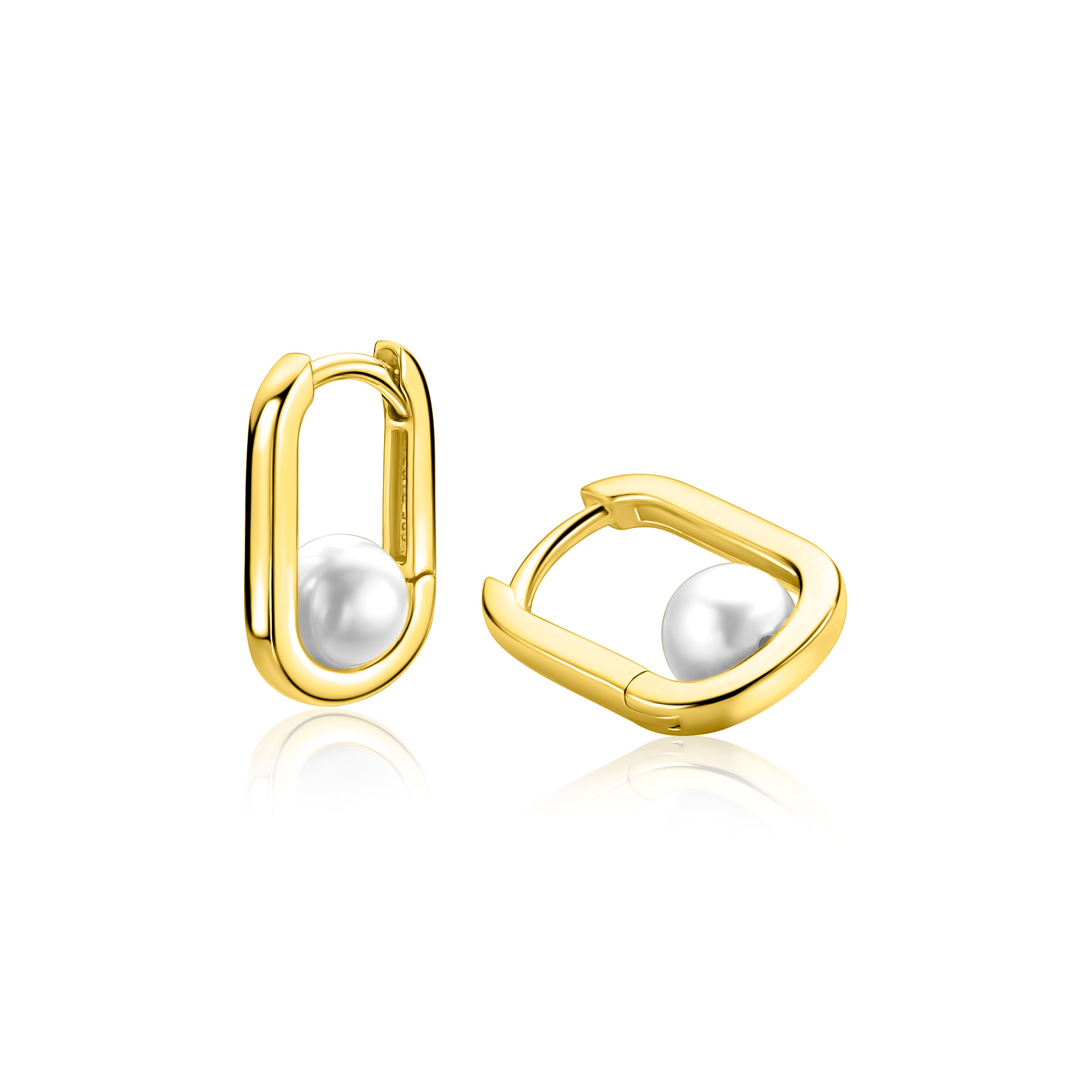 13,5mm ZINZI gold plated zilveren ovale oorringen met witte parel en luxe klapsluiting ZIO-BF146
