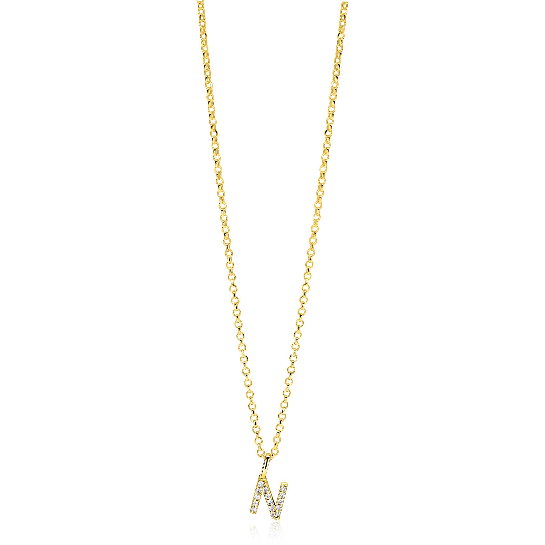 ZINZI gold plated zilveren letter hanger N bezet met witte zirkonia's ZIH2828-N (zonder ketting)