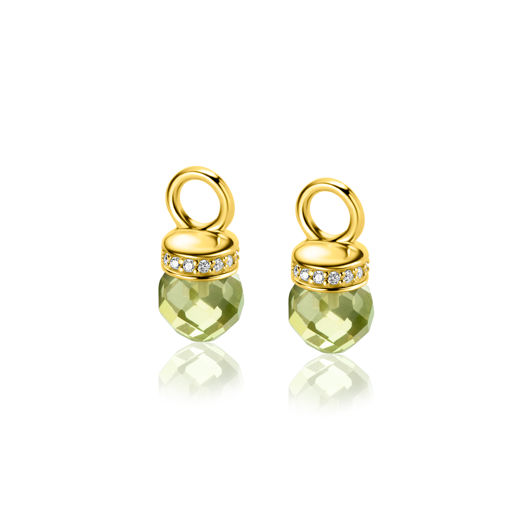 15mm ZINZI gold plated zilveren oorbedels met ronde groen peridot kleurstenen en bezet met witte zirconia's ZICH2428 (zonder oorringen)