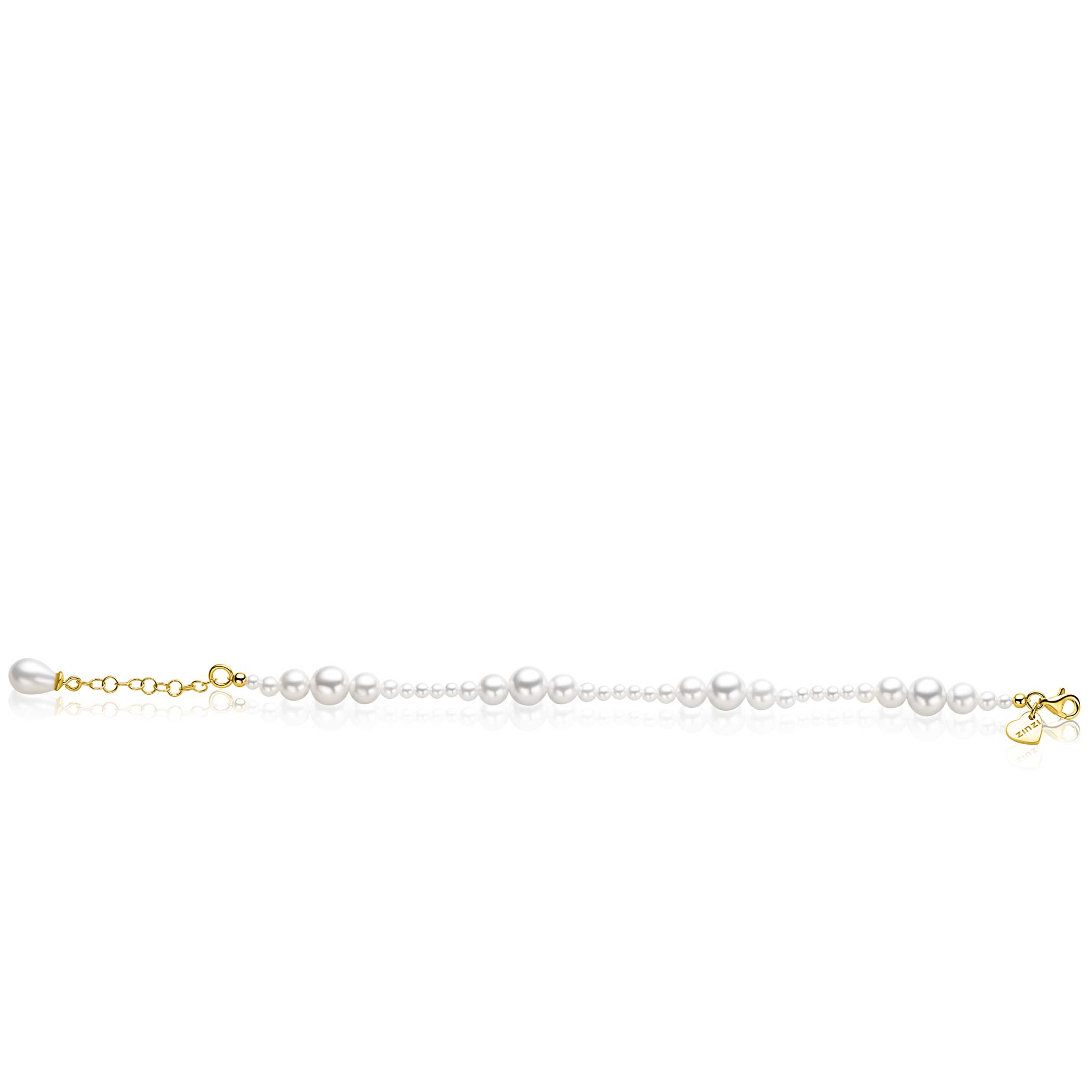 ZINZI gold plated zilveren armband met glanzende witte parels in verschillende groottes en speelse opbouw ZIA2908