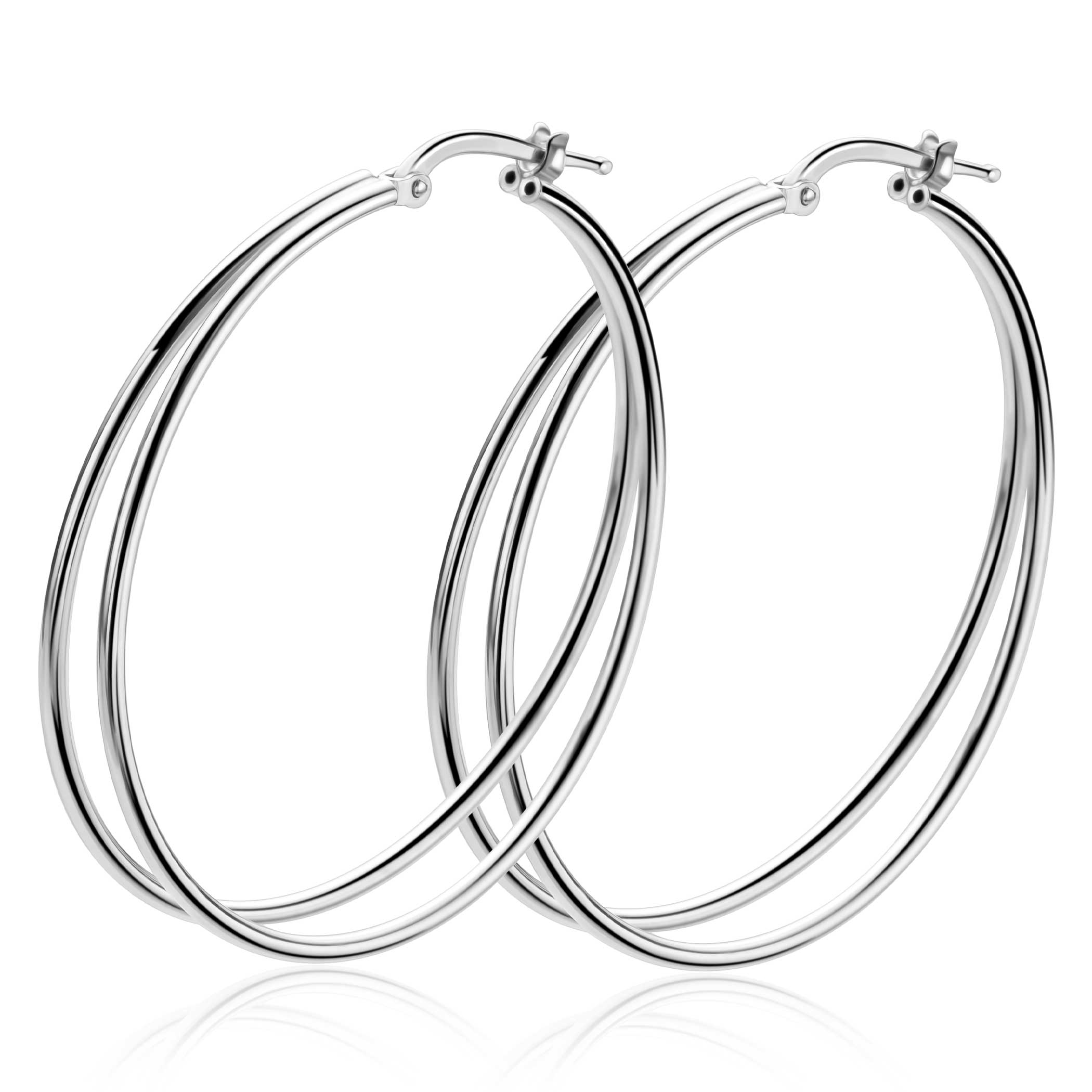 43mm ZINZI grote zilveren multi-look oorringen met dubbele buis. Met gemakkelijke bovensluiting ZIO2859