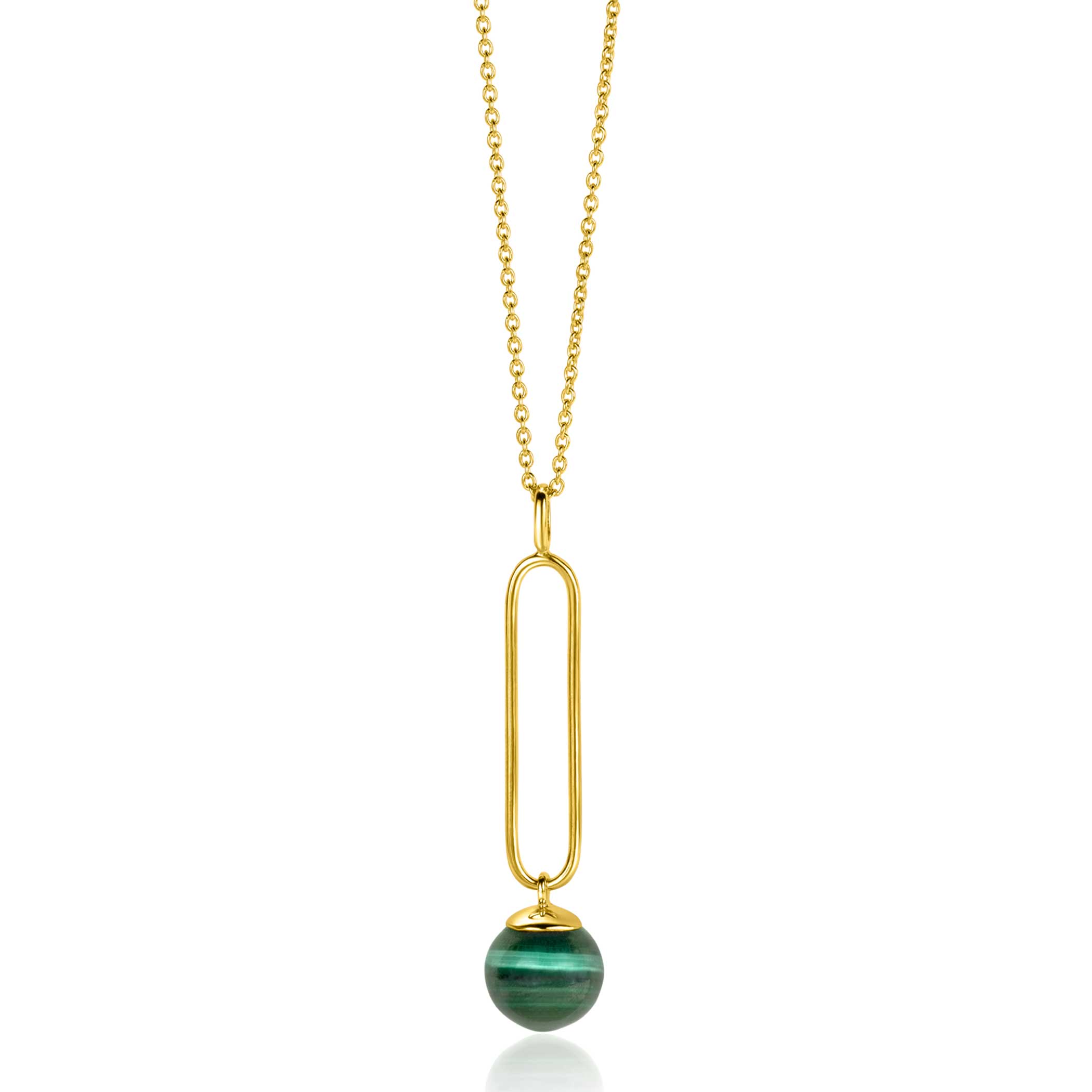 ZINZI gold plated zilveren ketting met lange ovale hanger en bungelende groene cateye in bolvorm 40-45cm ZIC2420