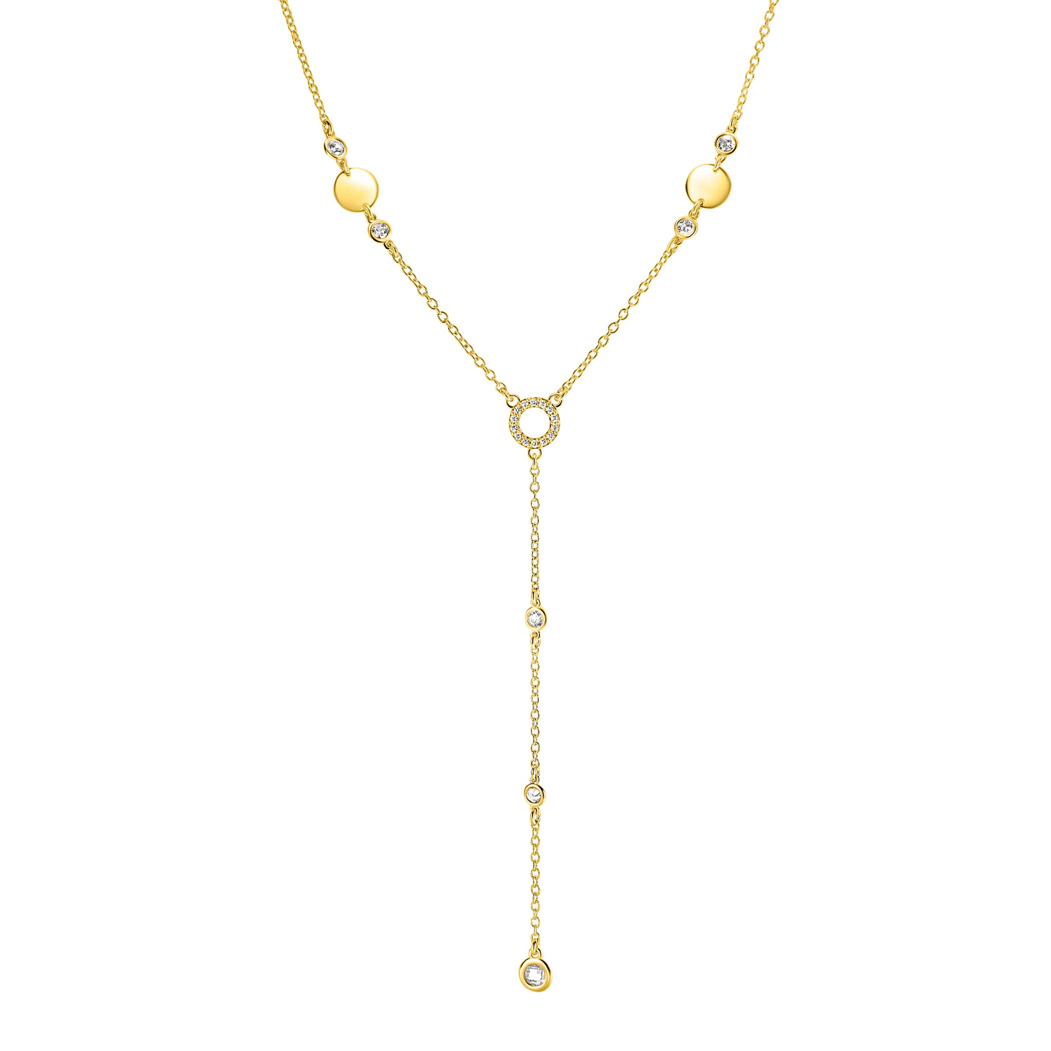 ZINZI gold plated zilveren Y-collier 45cm met glimmende ronde elementen en bezet met fonkelende witte zirkonia's ZIC2909