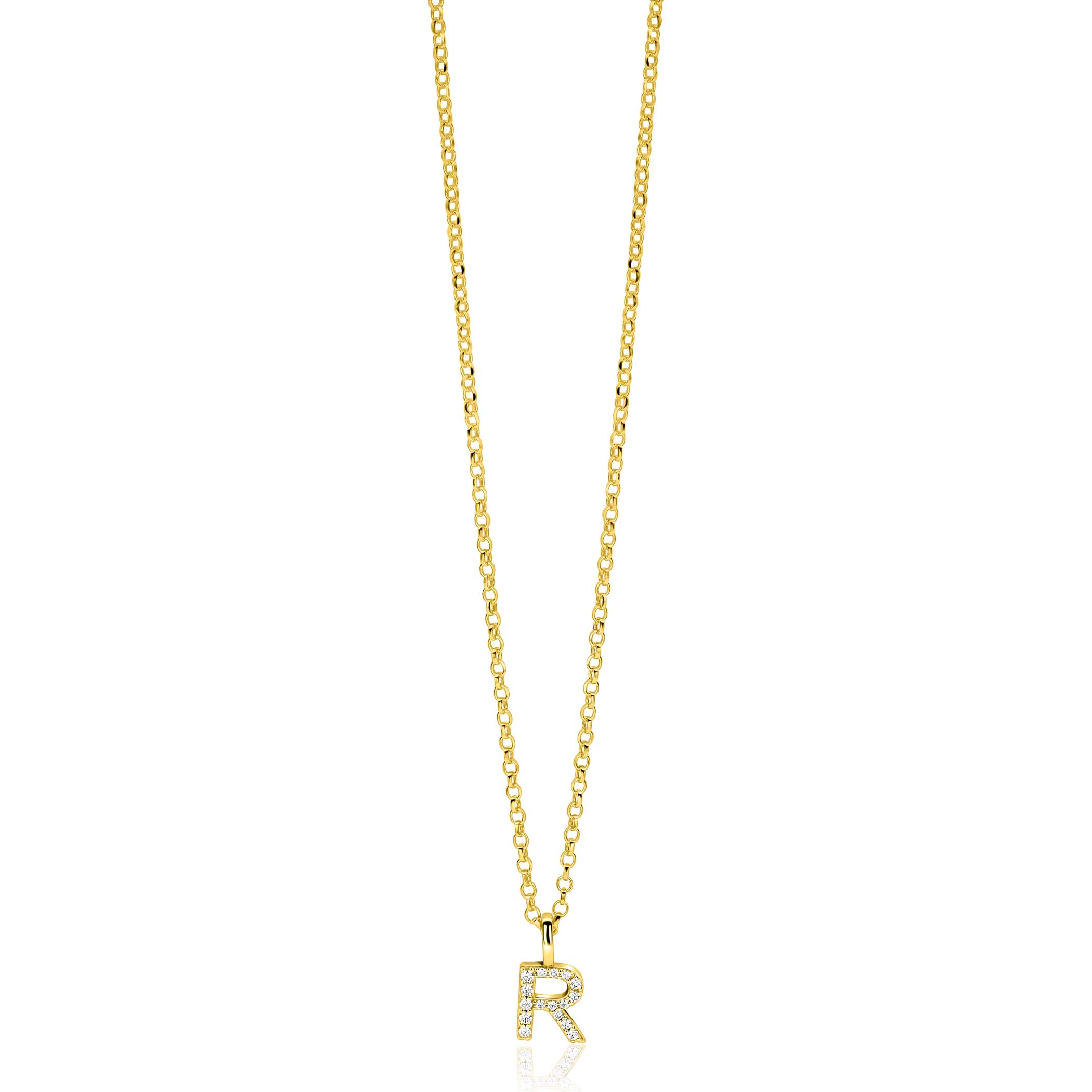 ZINZI gold plated zilveren letter hanger R bezet met witte zirkonia's ZIH2828-R (zonder ketting)