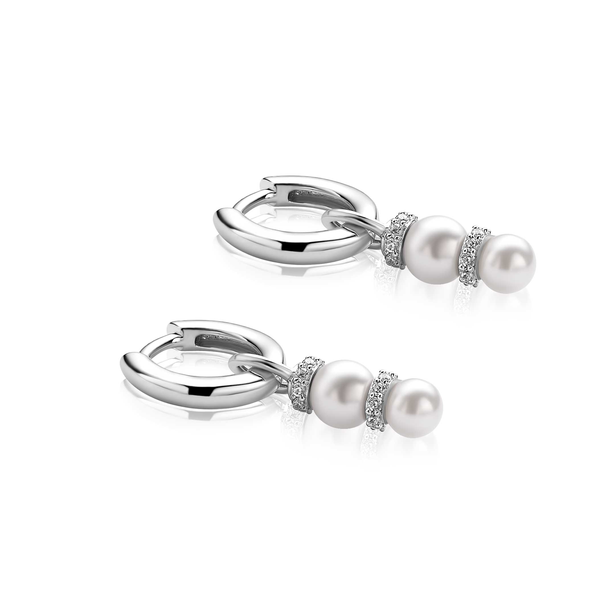 16mm ZINZI zilveren oorbedels met twee witte parels onder elkaar waarbij de top is bezet met witte zirconia's ZICH2864 (zonder oorringen)