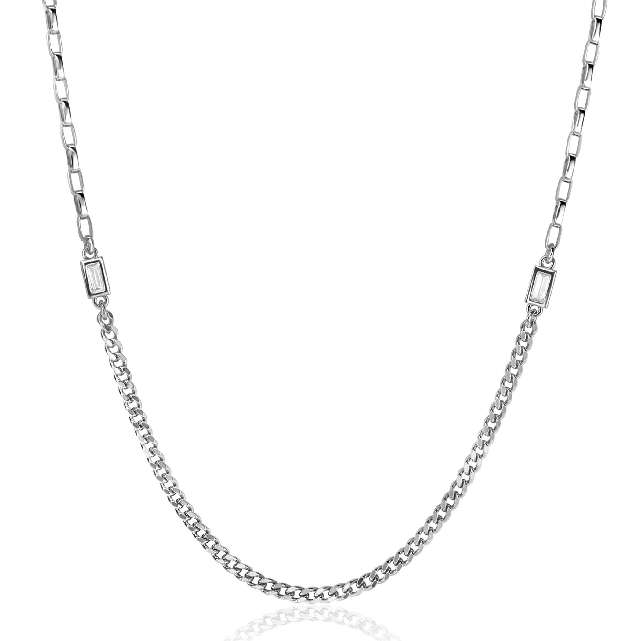 ZINZI zilveren schakelketting met gourmet en vierkante schakels met rechthoekige zetting witte zirconia 42-45cm ZIC2519