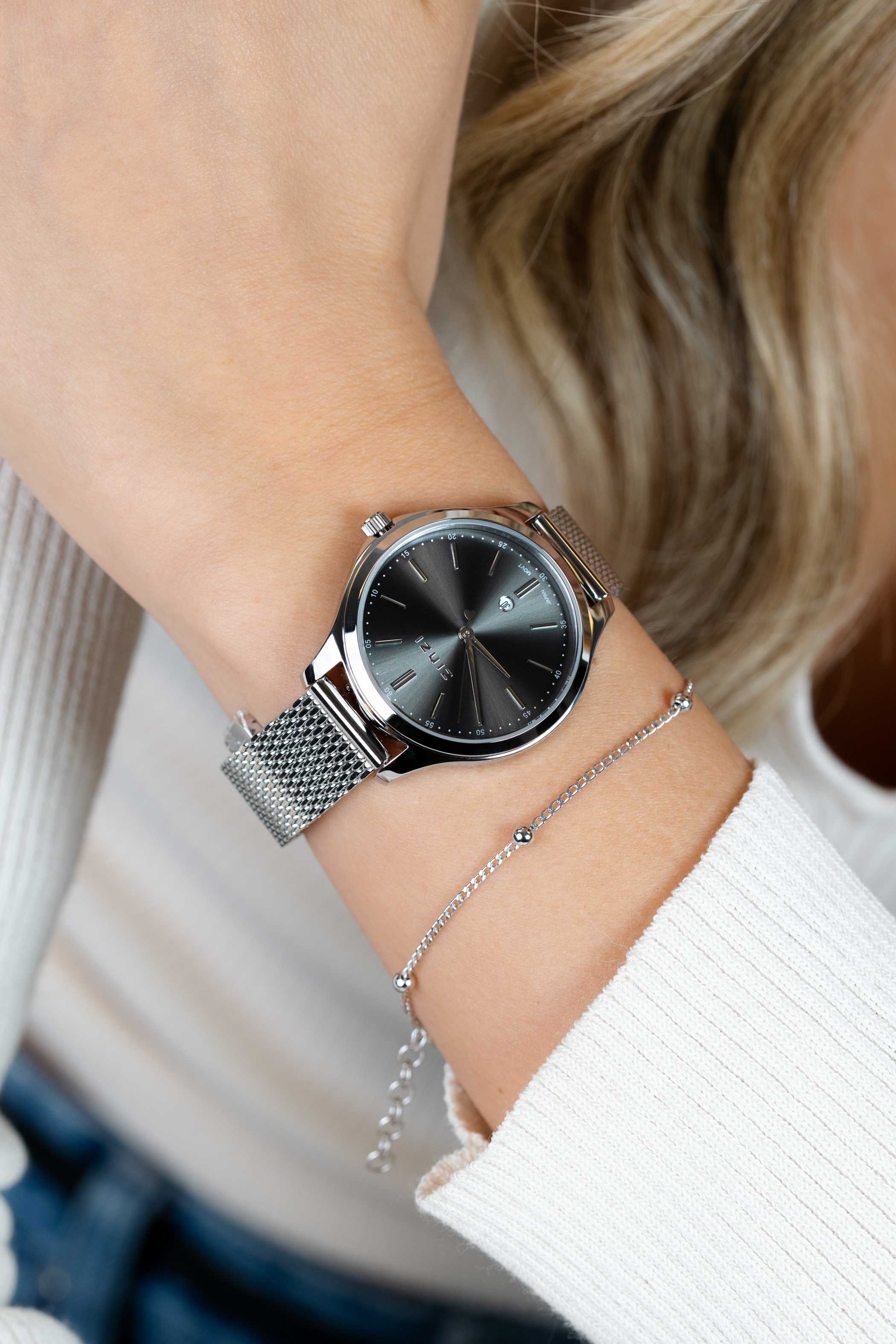 ZINZI Classy horloge 34mm grijze wijzerplaat stalen kast en meshband, datum ZIW1024M
