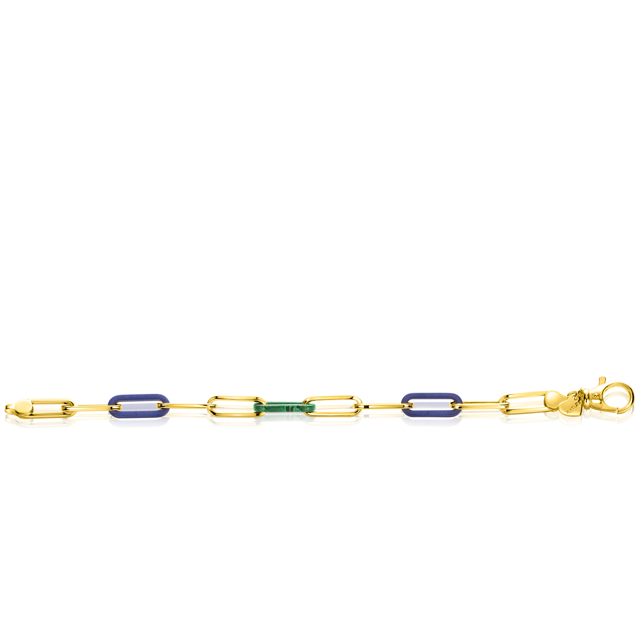 ZINZI gold plated zilveren armband met paperclip-schakels en trendy schakels in lapisblauw en malachietgroen 19cm ZIA2455