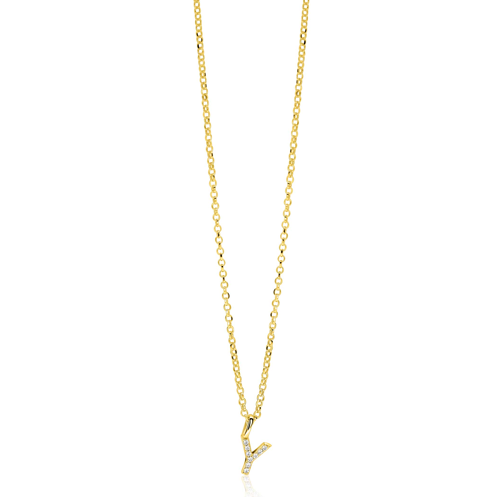 ZINZI gold plated zilveren letter hanger Y bezet met witte zirkonia's ZIH2828-Y (zonder ketting)