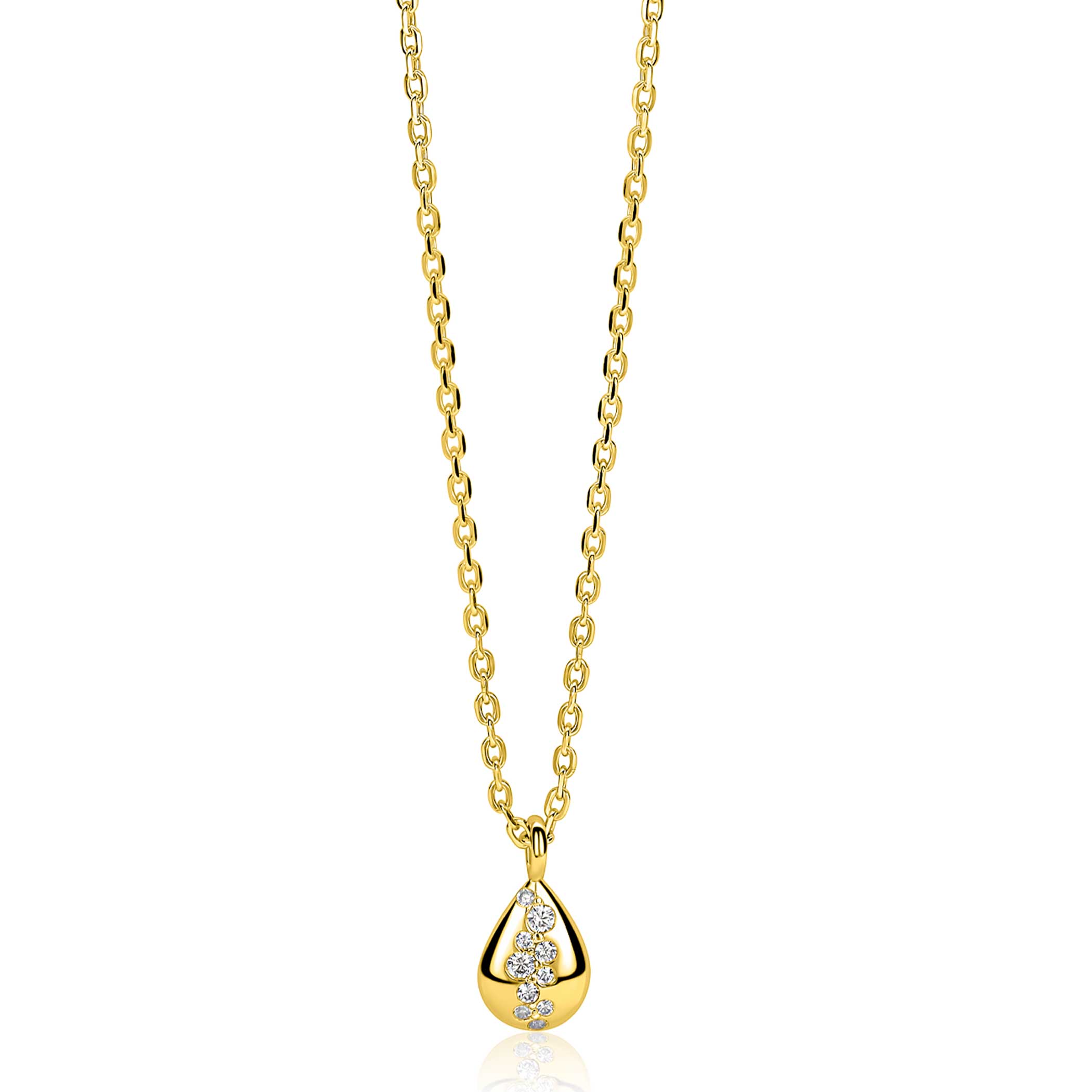 ZINZI gold plated zilveren ketting met druppelvormige hanger (14mm) bezet met witte zirkonia’s 42-45cm ZIC2871