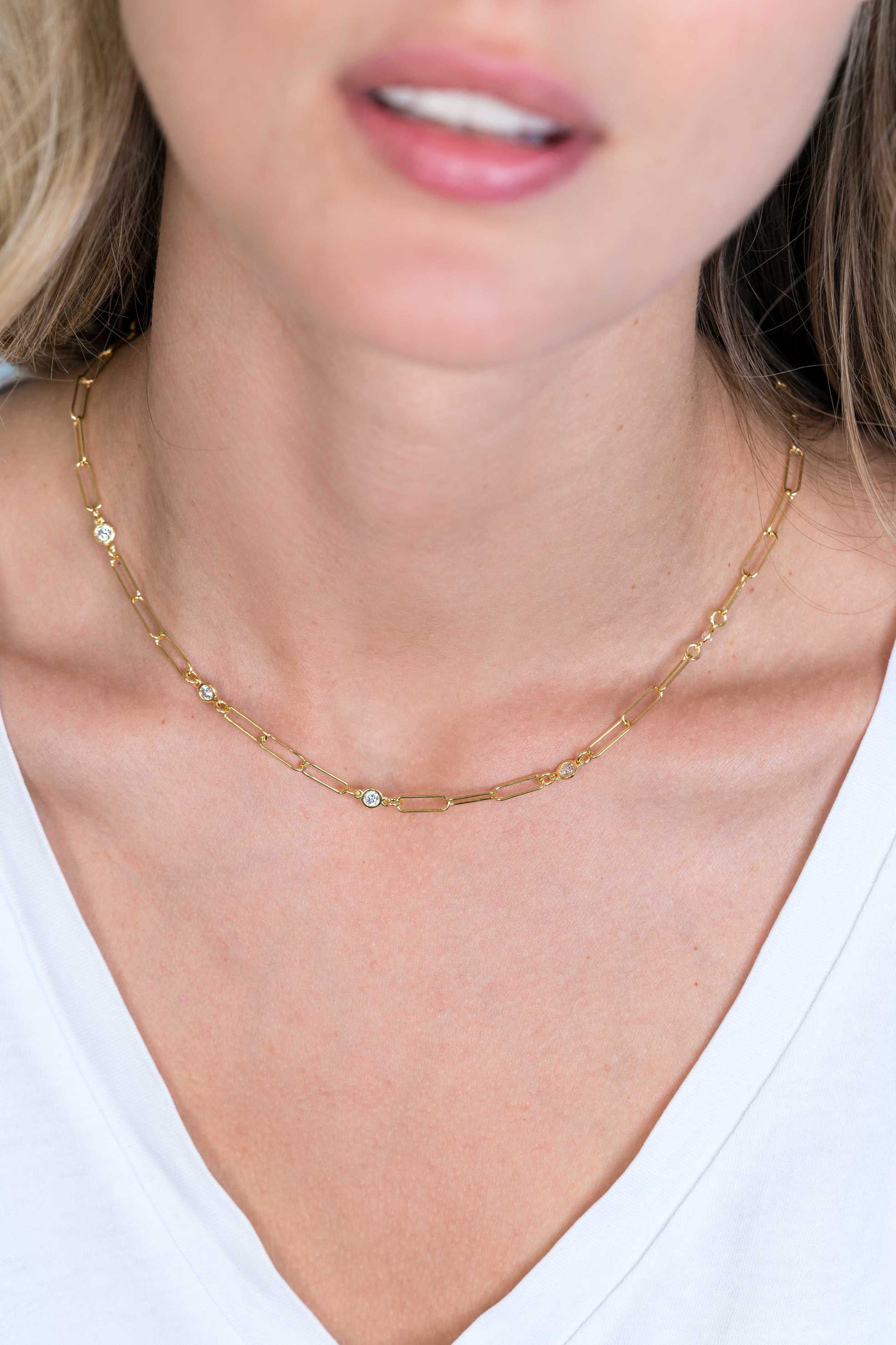 ZINZI zilveren ketting 14K geel verguld paperclip schakel rond witte zirconia 40-45 cm ZIC2079Y