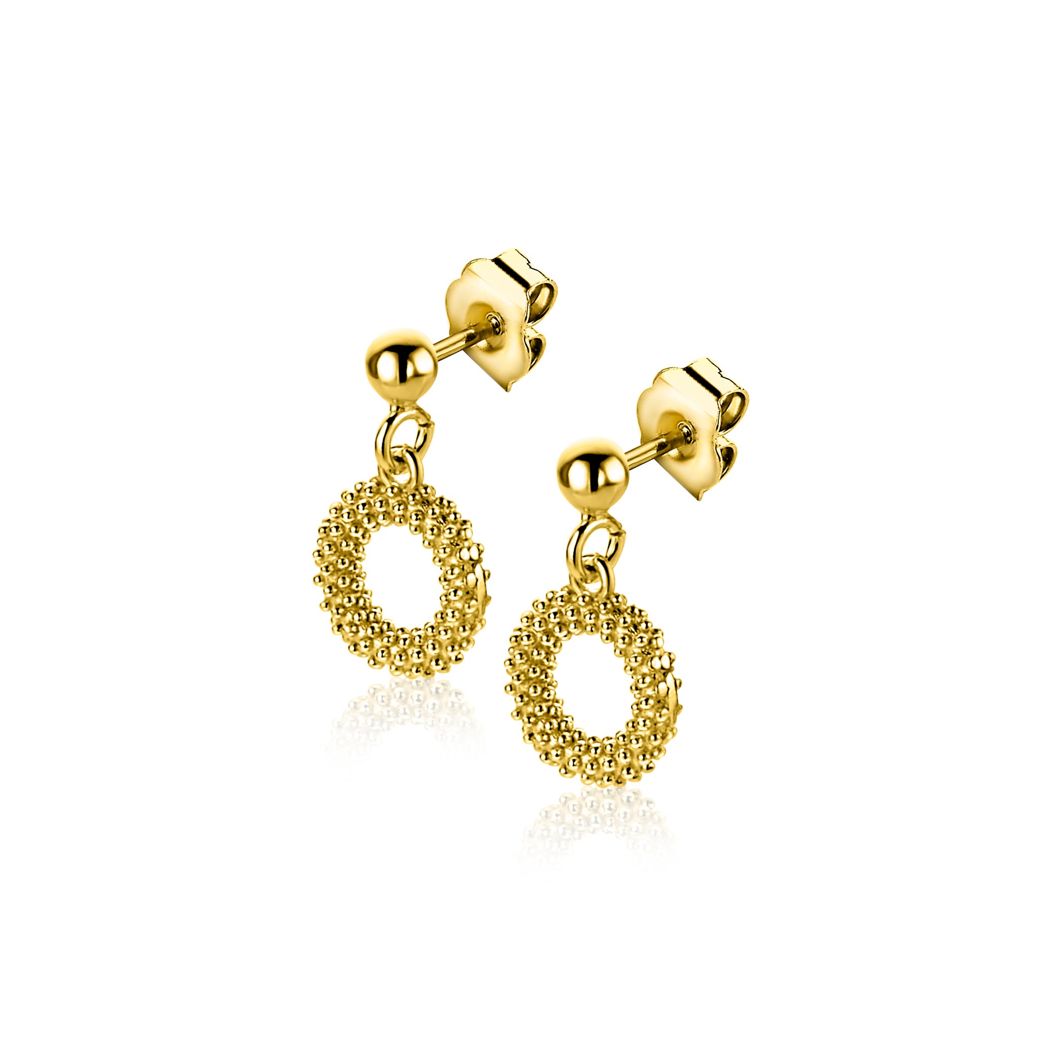 14mm ZINZI gold plated zilveren oorstekers met open rondje van 8,5mm voorzien van een bolstructuur ZIO2704G