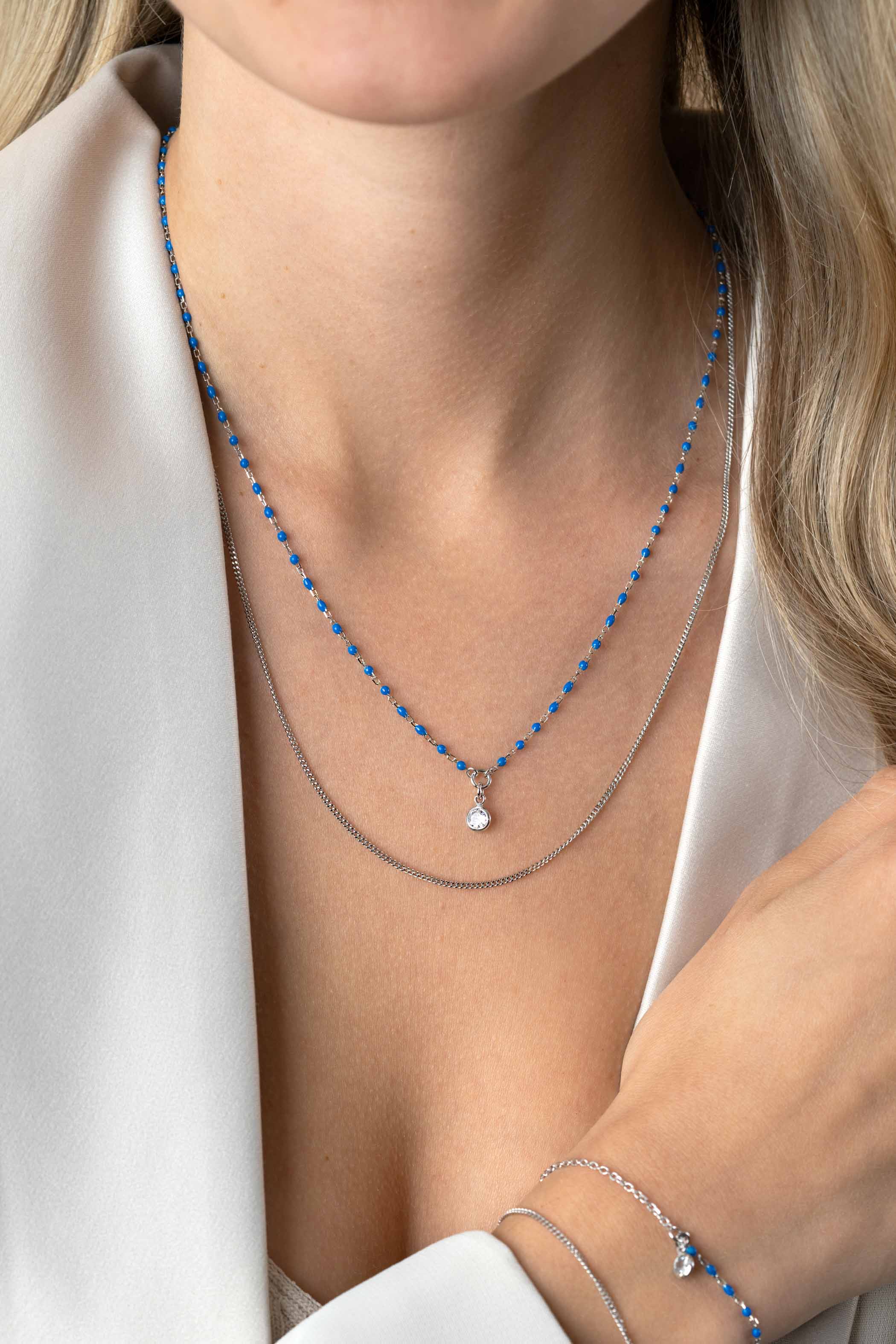 ZINZI zilveren multilook ketting met gourmet en blauwe bolletjes schakels, ronde zetting met witte zirconia 42-45cm ZIC2529