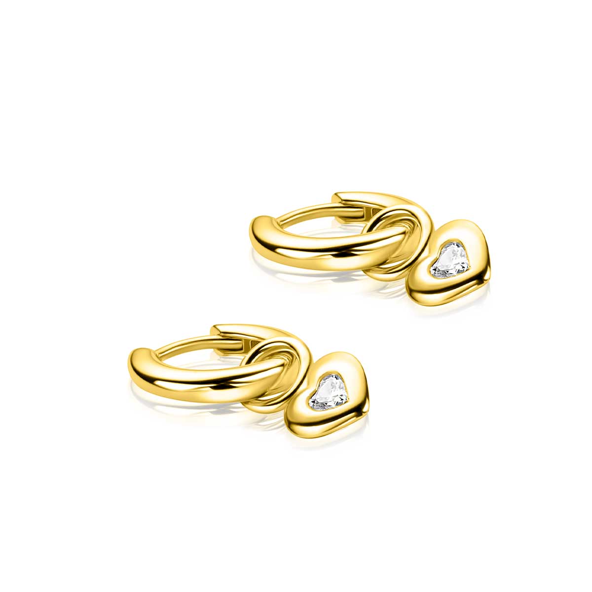 7mm ZINZI gold plated zilveren oorbedels met een glad hartje, bezet met een hartvormige witte zirkonia ZICH2886Y (zonder oorringen)