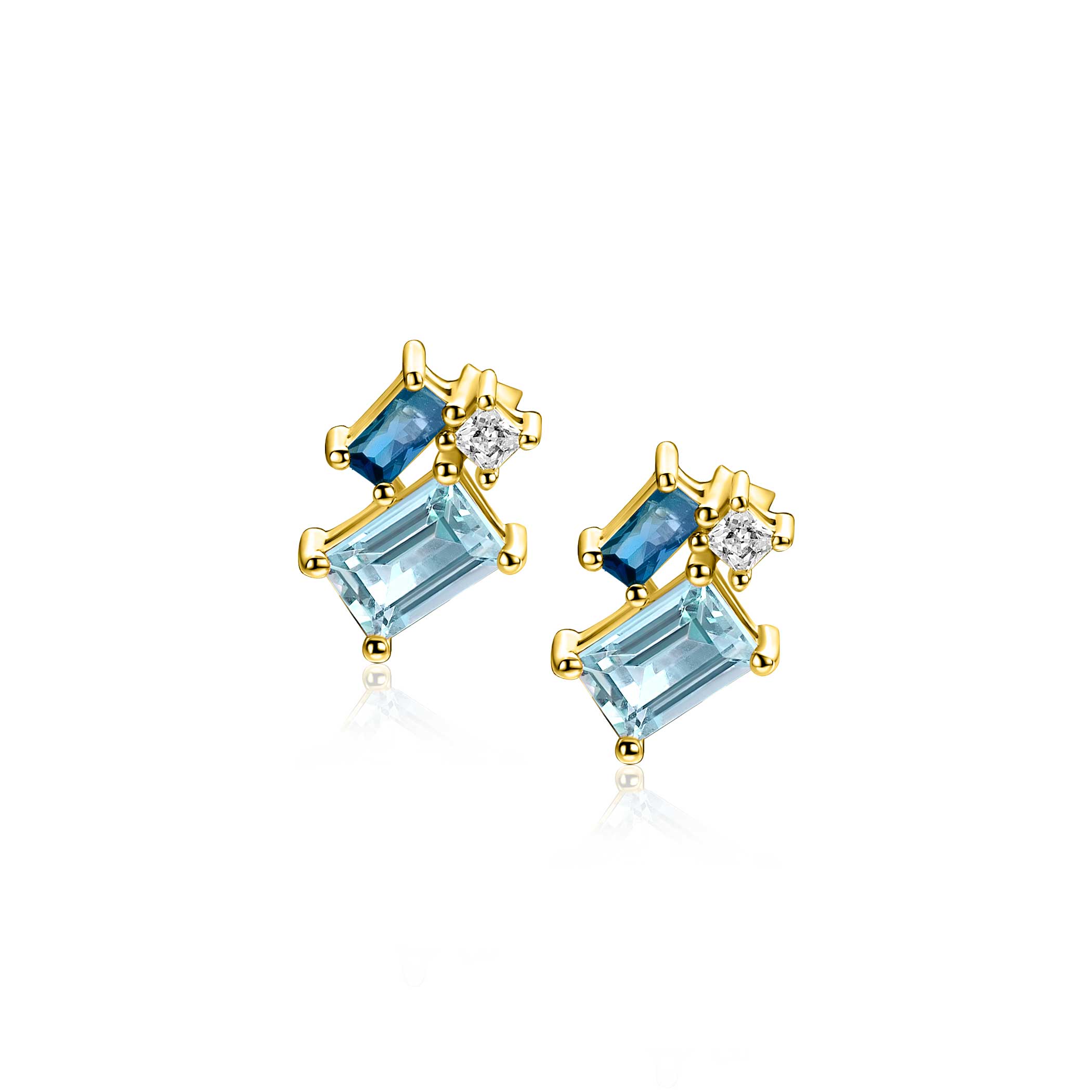 11mm ZINZI gold plated zilveren geometrische oorstekers met lichtblauwe, petrolblauwe en witte zirkonia's ZIO2897