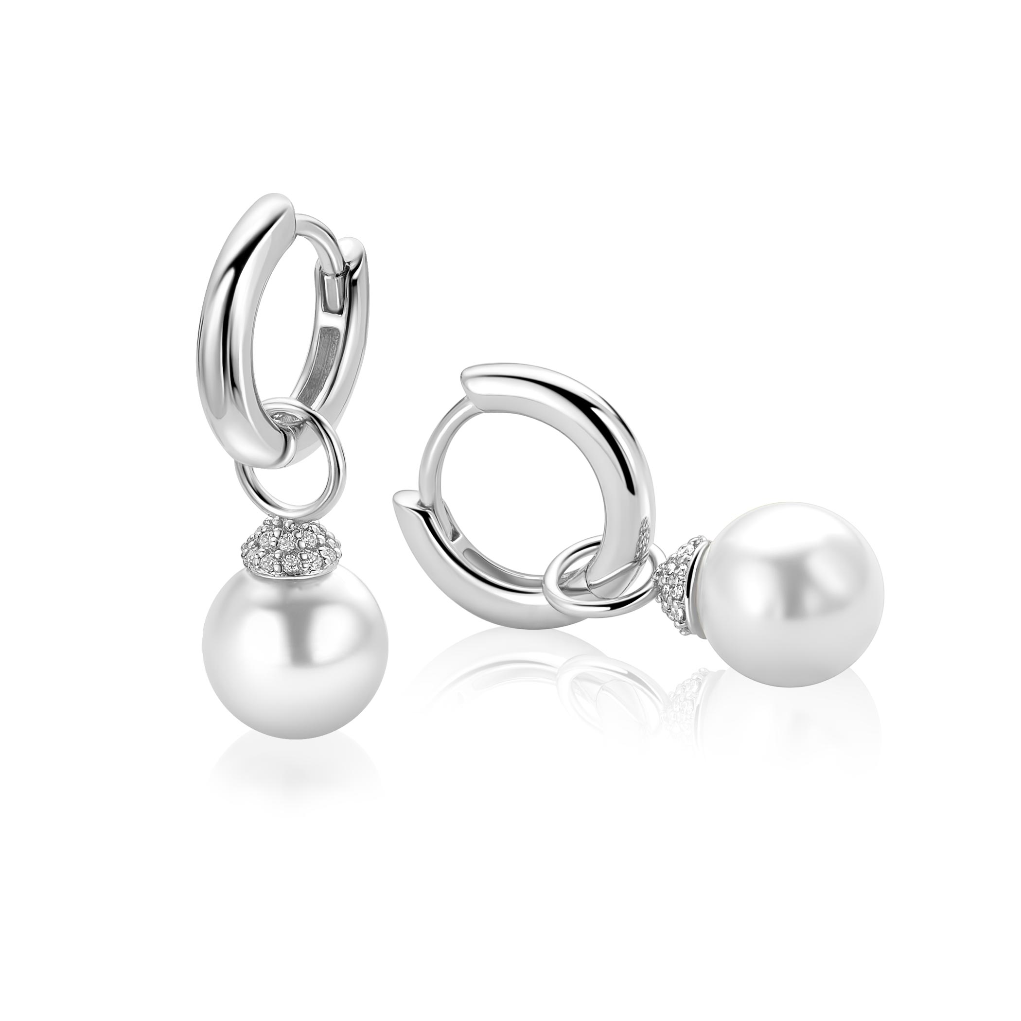 8mm ZINZI zilveren oorbedels met ronde witte parel en pavé gezette top met witte zirkonia’s ZICH2823 (zonder oorringen)