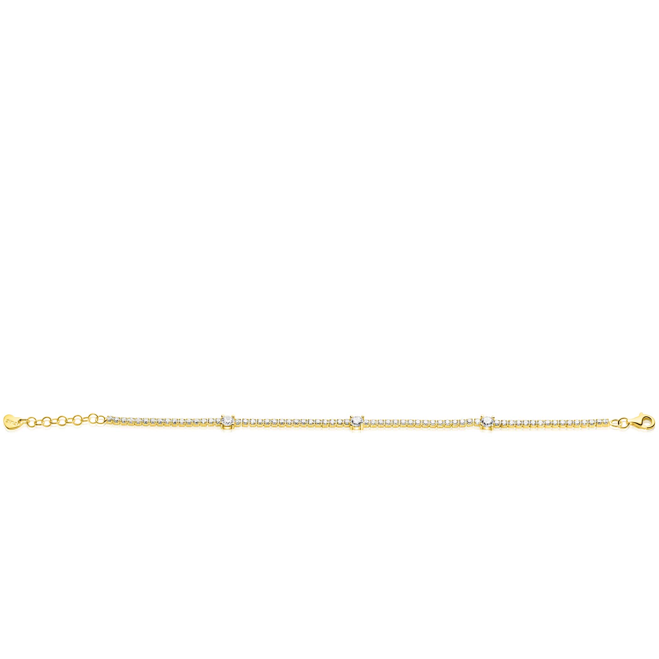 ZINZI gold plated zilveren tennisarmband 2,1mm breed bezet met witte zirkonia’s in verfijnde rijzetting, afgewisseld met drie grotere witte zirkonia's (4,3mm) in chatonzetting ZIA2894Y