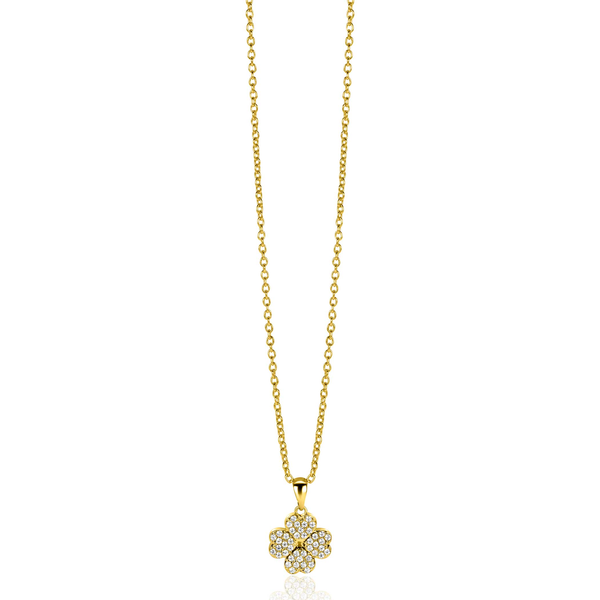 16mm ZINZI gold plated zilveren klaver vier hanger bezet met witte zirconia's ZIH2618 (zonder collier)