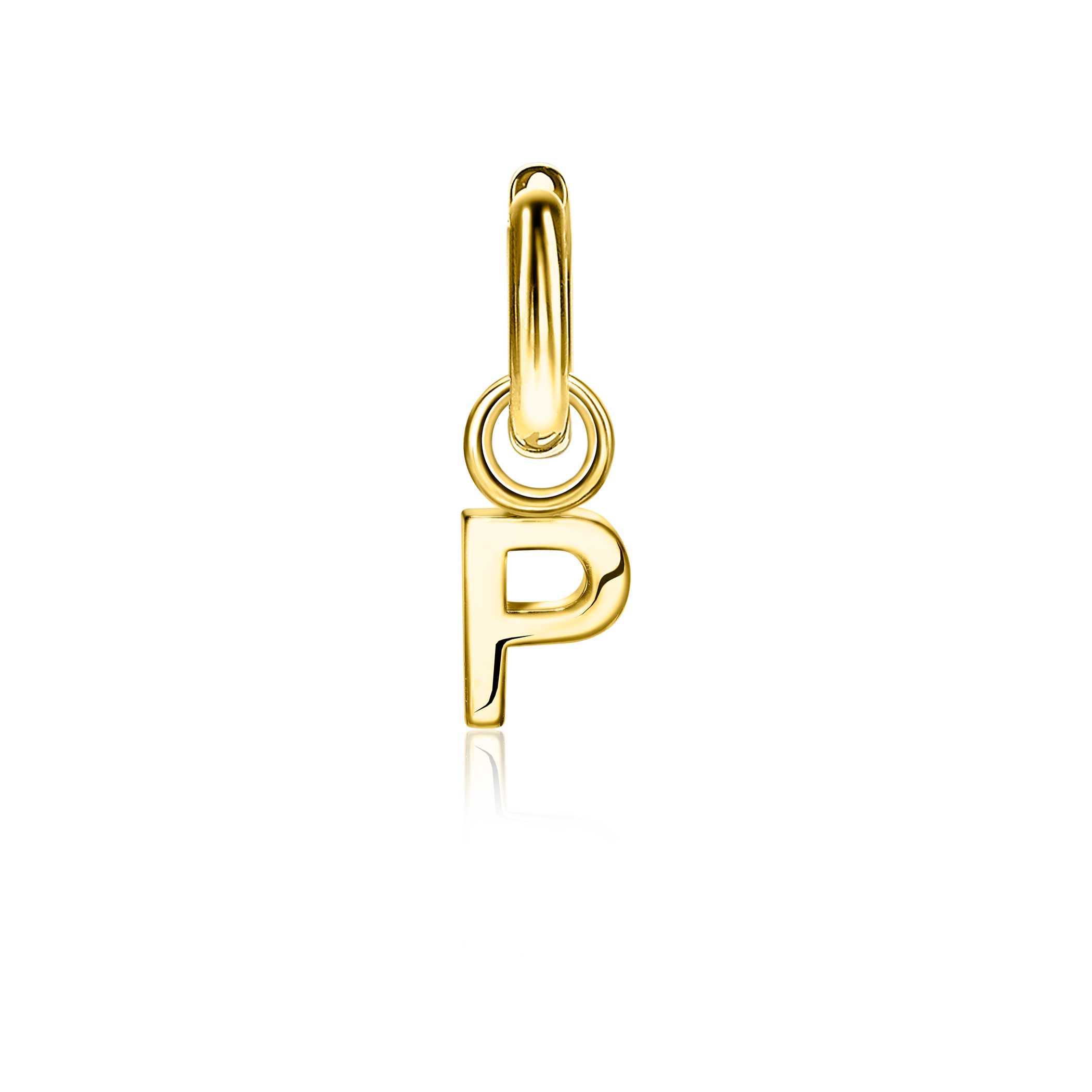 ZINZI zilveren geelvergulde letter oorbedel P per stuk geprijsd ZICH2145P. (zonder oorringen).