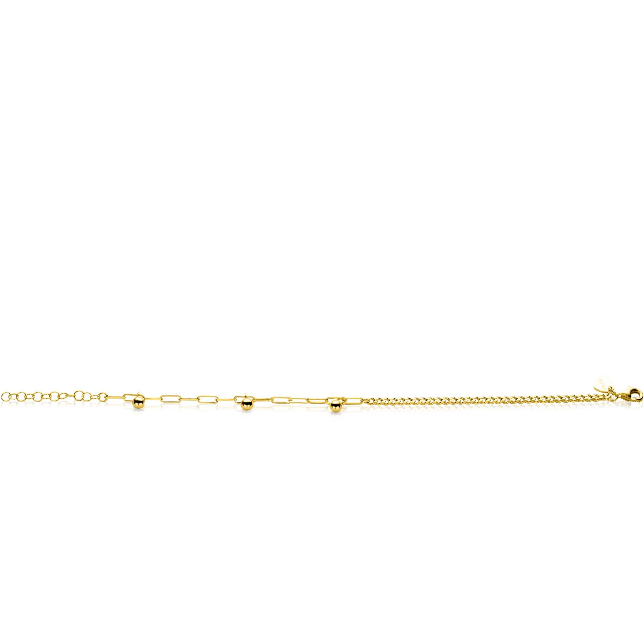 ZINZI gold plated zilveren schakelarmband met gourmet en paperclip schakels en 3 bolletjes 16,5-19,5cm ZIA2521G