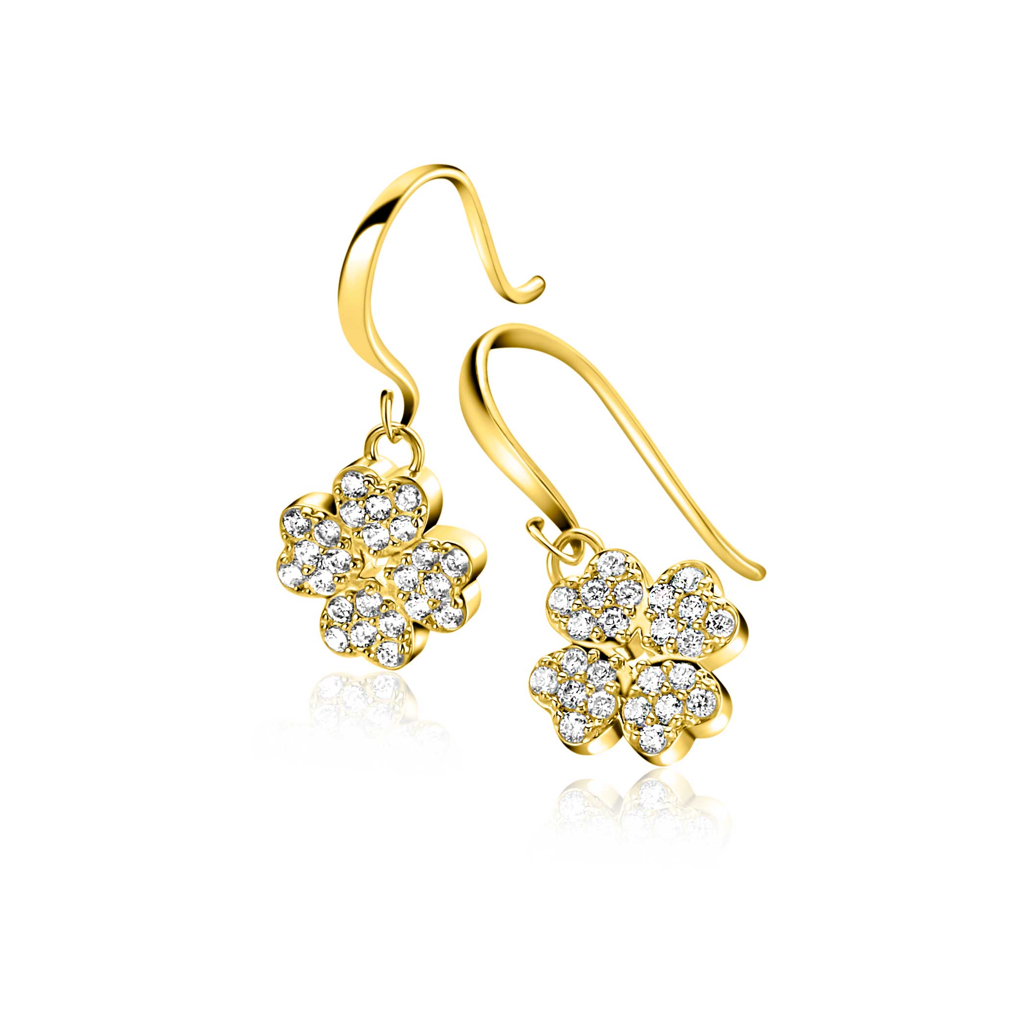 17mm ZINZI gold plated zilveren oorhangers met klaver 4 bezet met witte zirkonia's ZIO-BF131