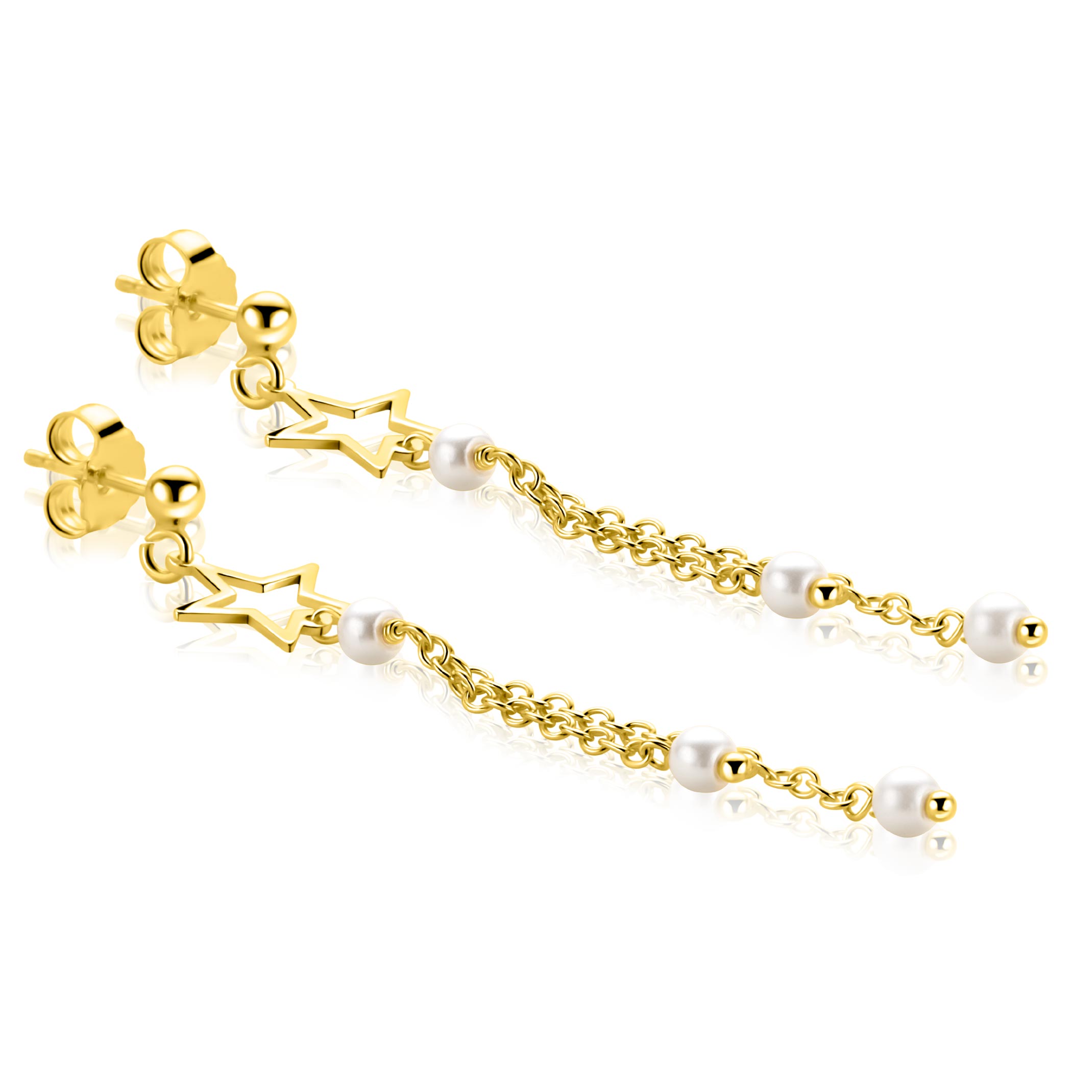 53mm ZINZI goldplated zilveren oorstekers met opengewerkte ster, hangende kettinkjes en witte parels ZIO2780