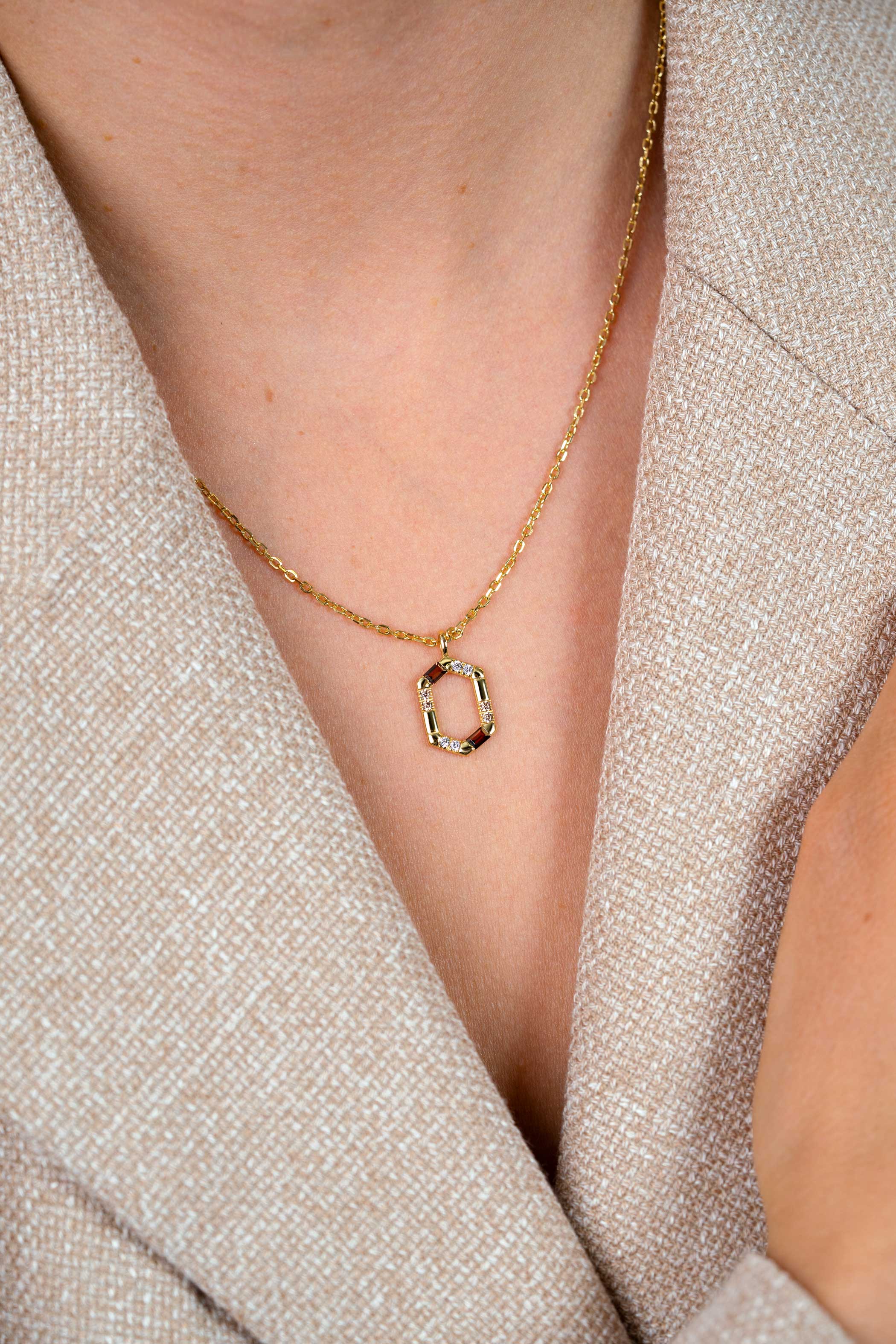 ZINZI gold plated zilveren ketting met zeshoekige hanger (18mm) bezet met champagne, bruine en witte kleurstenen 42-45cm ZIC2869