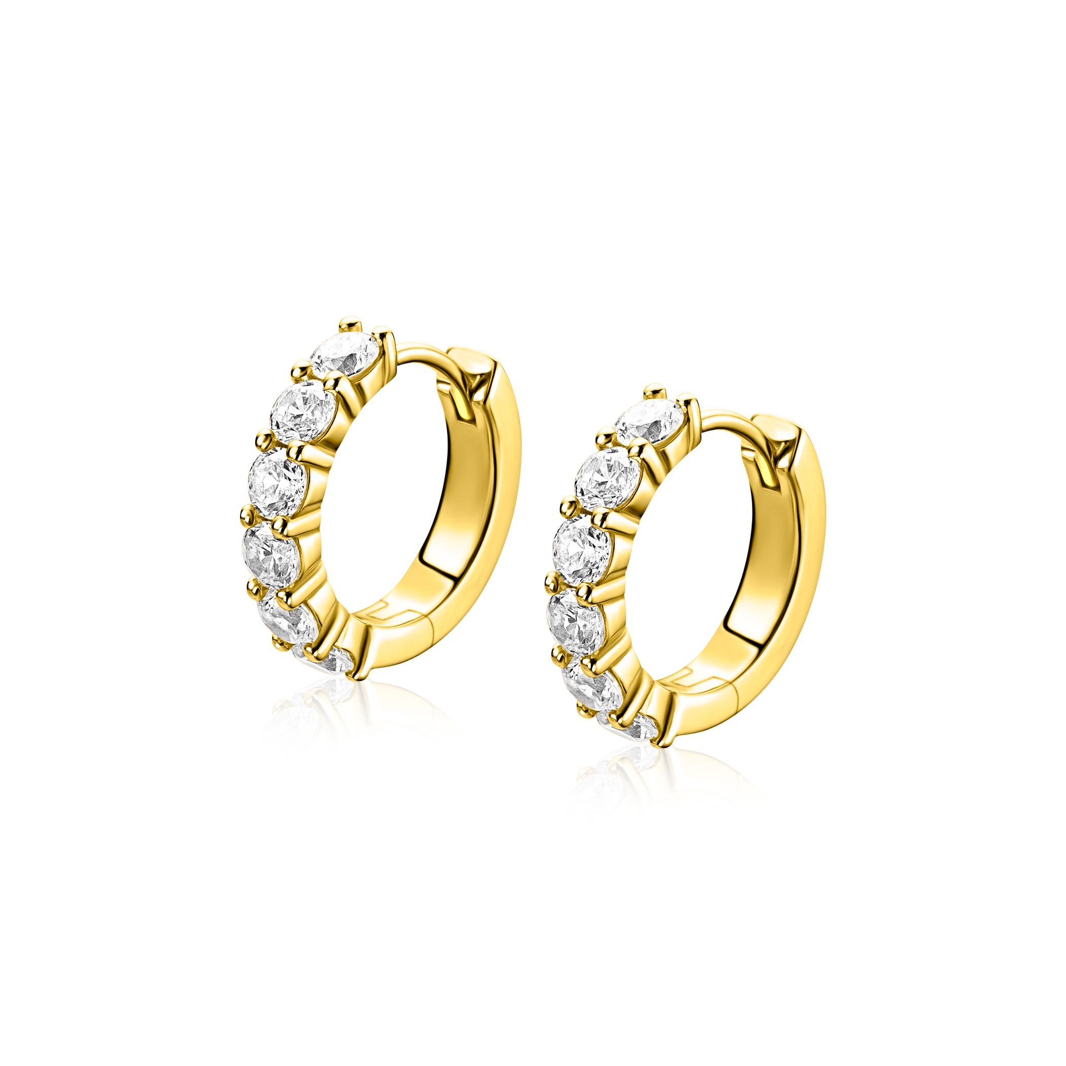 15mm ZINZI gold plated zilveren tennis oorringen bezet met zes ronde witte zirkonia's, 3mm buisdikte en luxe klapsluiting ZIO2888Y