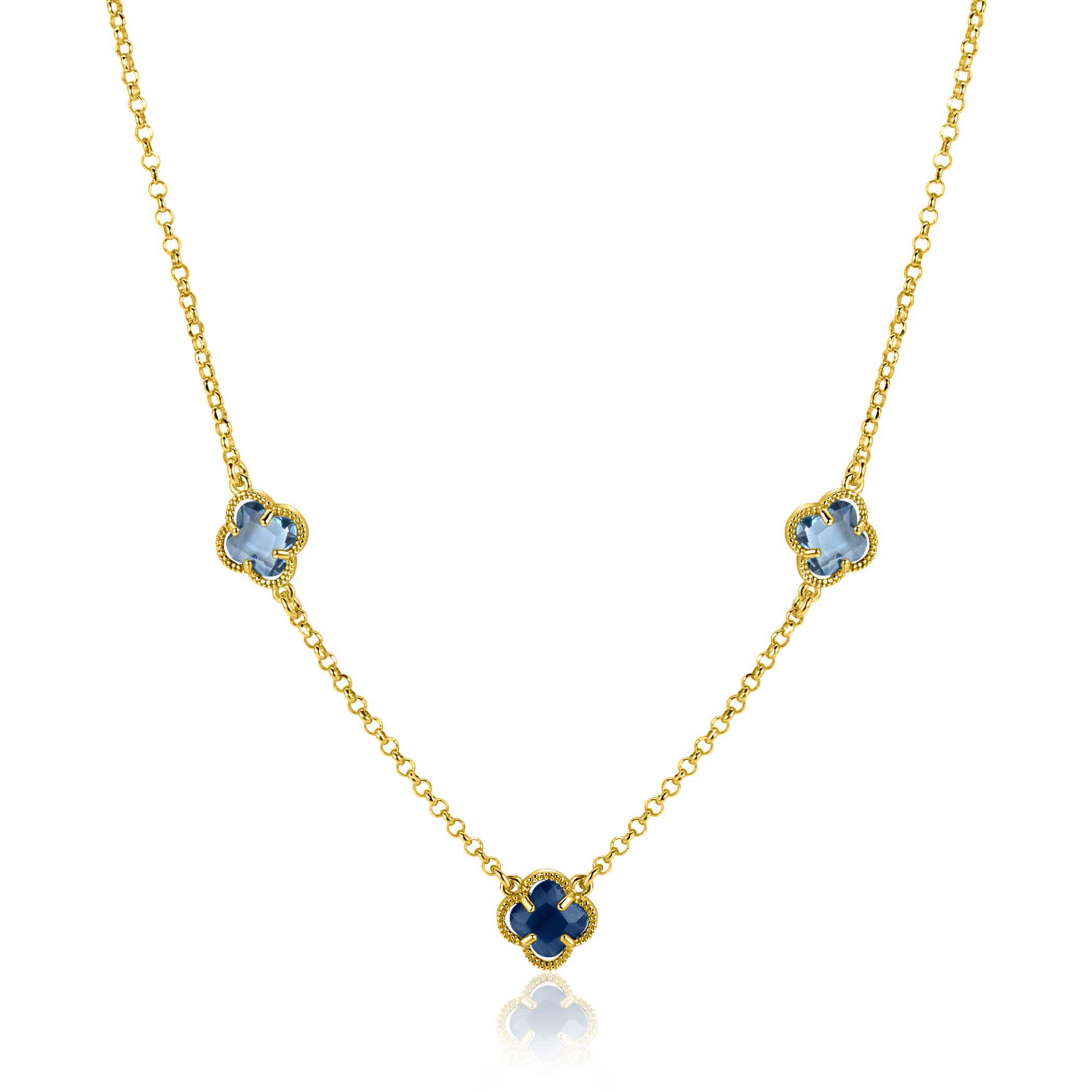 ZINZI gold plated zilveren schakelketting met twee lichtblauwe klavers en een donkerblauwe klaver 42-45cm ZIC2662B