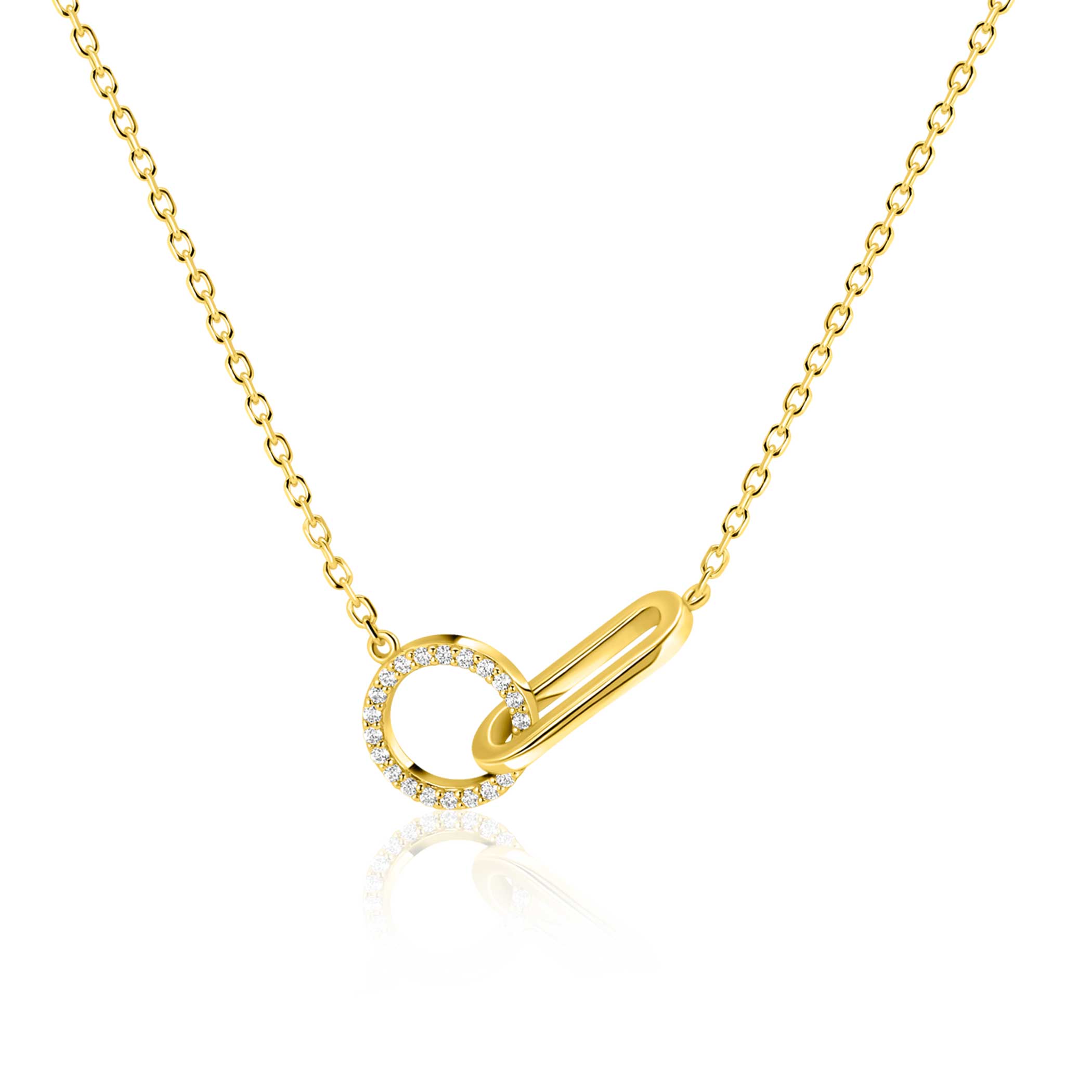 ZINZI gold plated zilveren ketting 45cm met twee verbonden schakels, bezet met witte zirkonia's ZIC2809