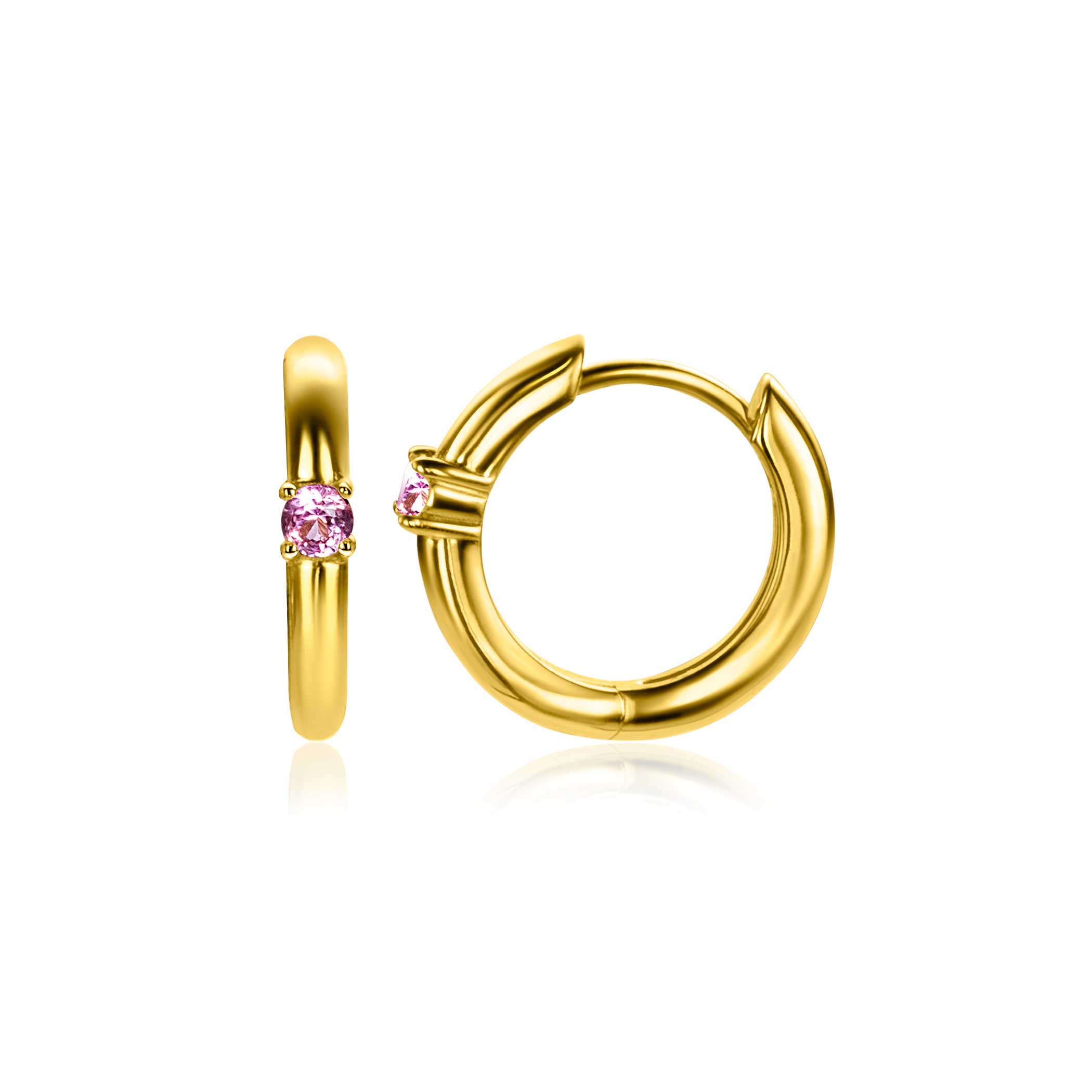 OKTOBER oorringen 13mm gold plated met geboortesteen roze rozenkwarts zirconia 
