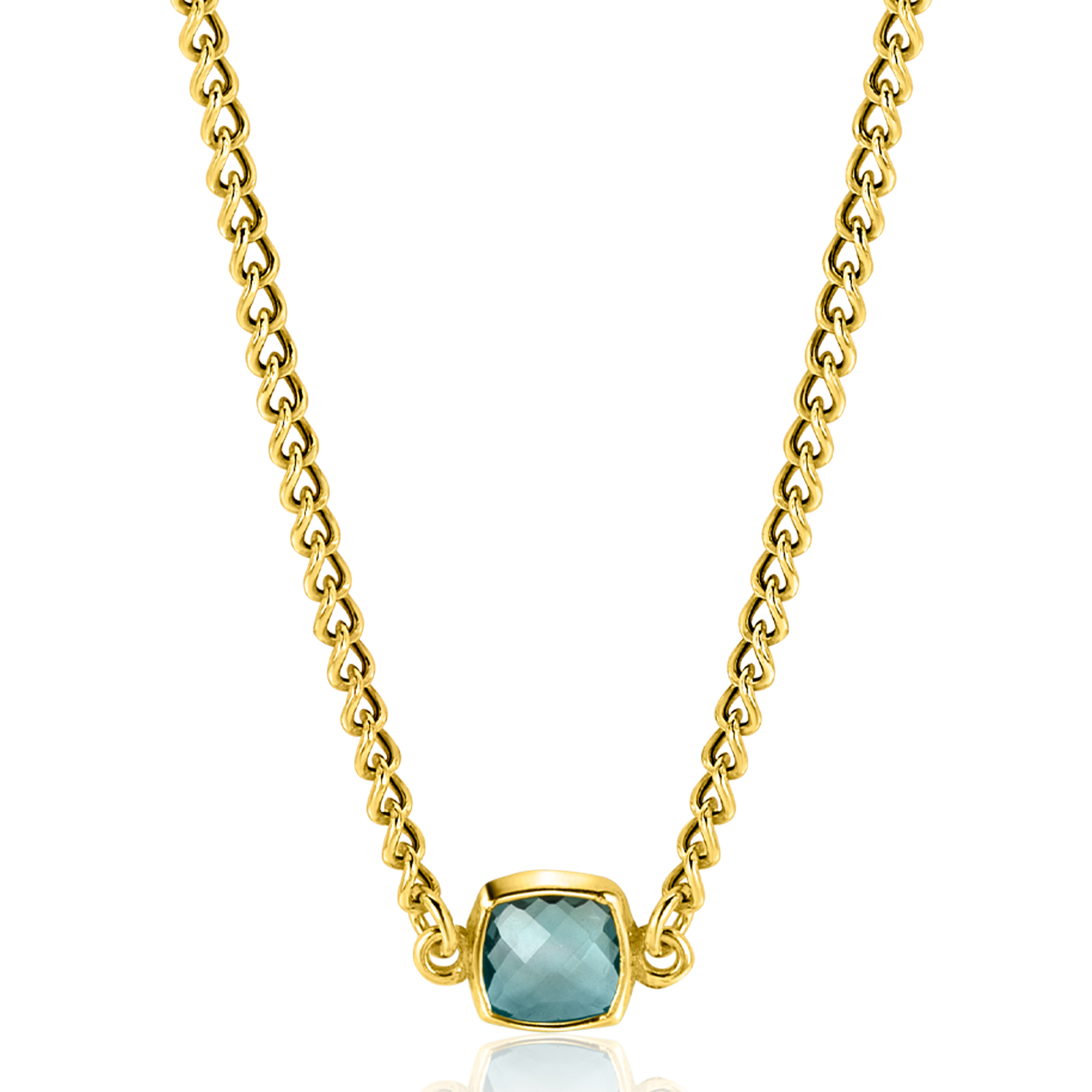 ZINZI gold plated zilveren gourmet ketting met vierkante zetting bezet met indigo blauwe kleursteen 40-45cm ZIC2417G