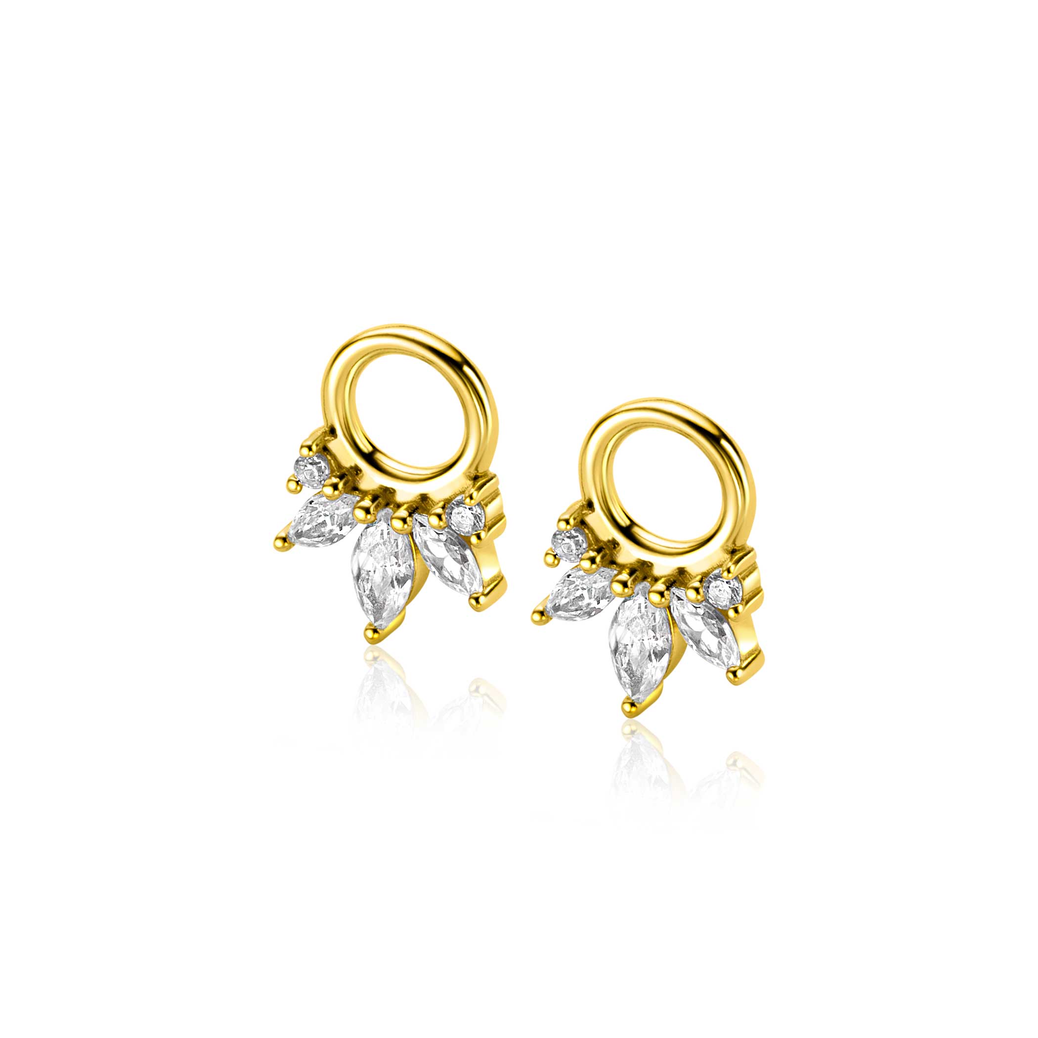10mm ZINZI gold plated zilveren oorbedels met vijf speelse zettingen in aflopende grootte, bezet met witte zirconia's ZICH2633 (zonder oorringen)