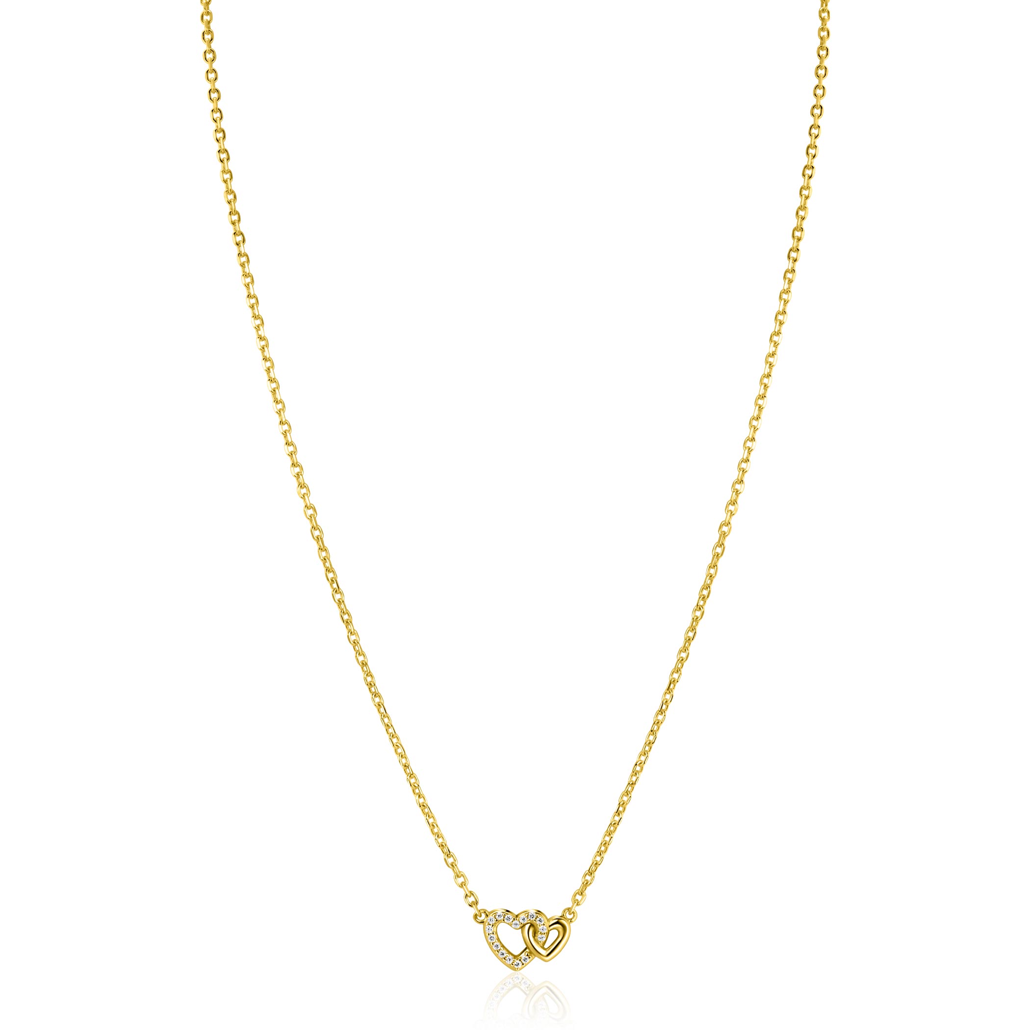 ZINZI gold plated zilveren ketting 42–45cm met verbonden hartjes, witte zirkonia's ZIC2493Y