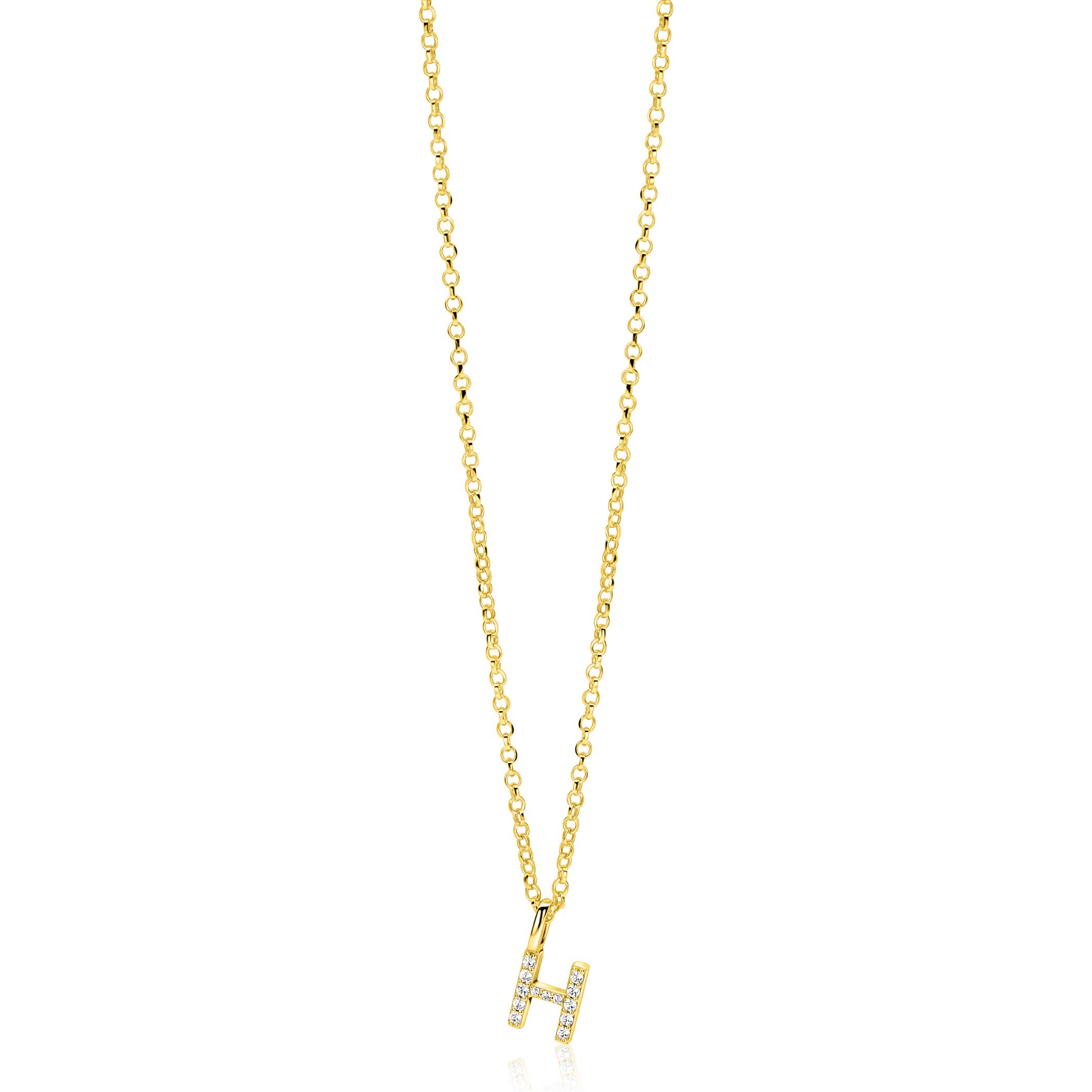 ZINZI gold plated zilveren letter hanger H bezet met witte zirkonia's ZIH2828-H (zonder ketting)