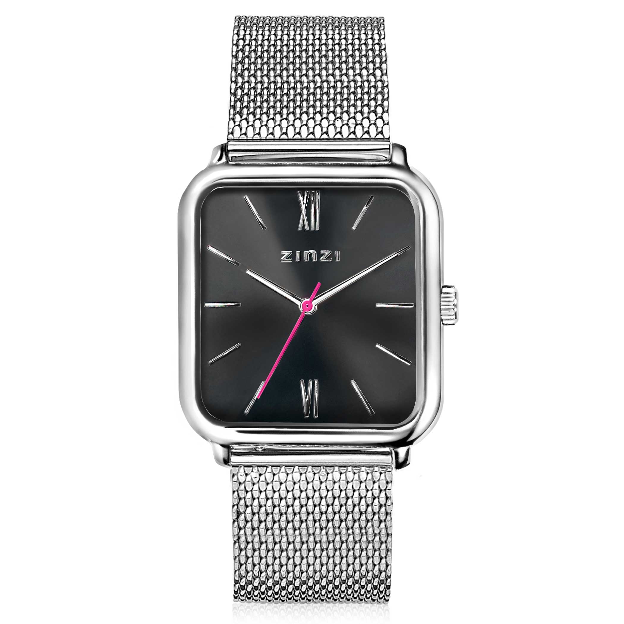 ZINZI Square Roman horloge donkergrijze wijzerplaat en rechthoekige kast  stalen mesh band 32mm extra dun ZIW824M