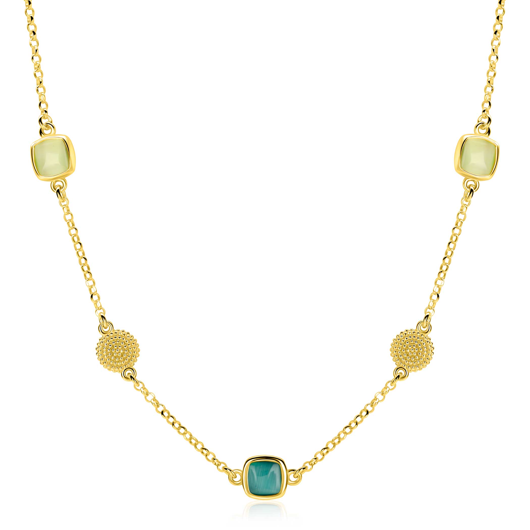 ZINZI gold plated zilveren ketting 45cm met drie vierkante kleurstenen in zachte groentinten, afgewisseld met ronde structuurelementen ZIC2904