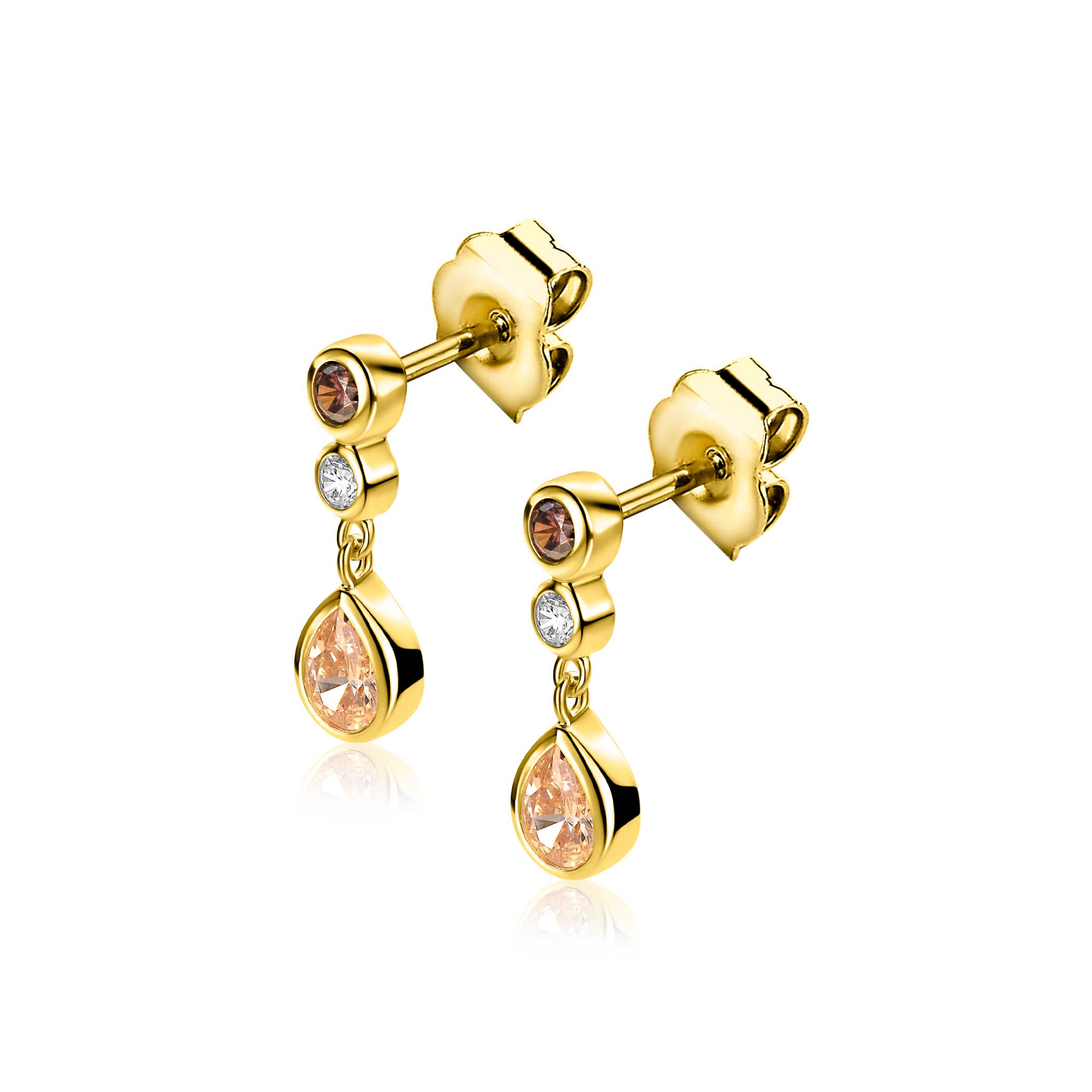 18mm ZINZI gold plated zilveren oorstekers met champagnekleurige, cognackleurige en witte zirkonia's in verschillende slijpvormen ZIO2900