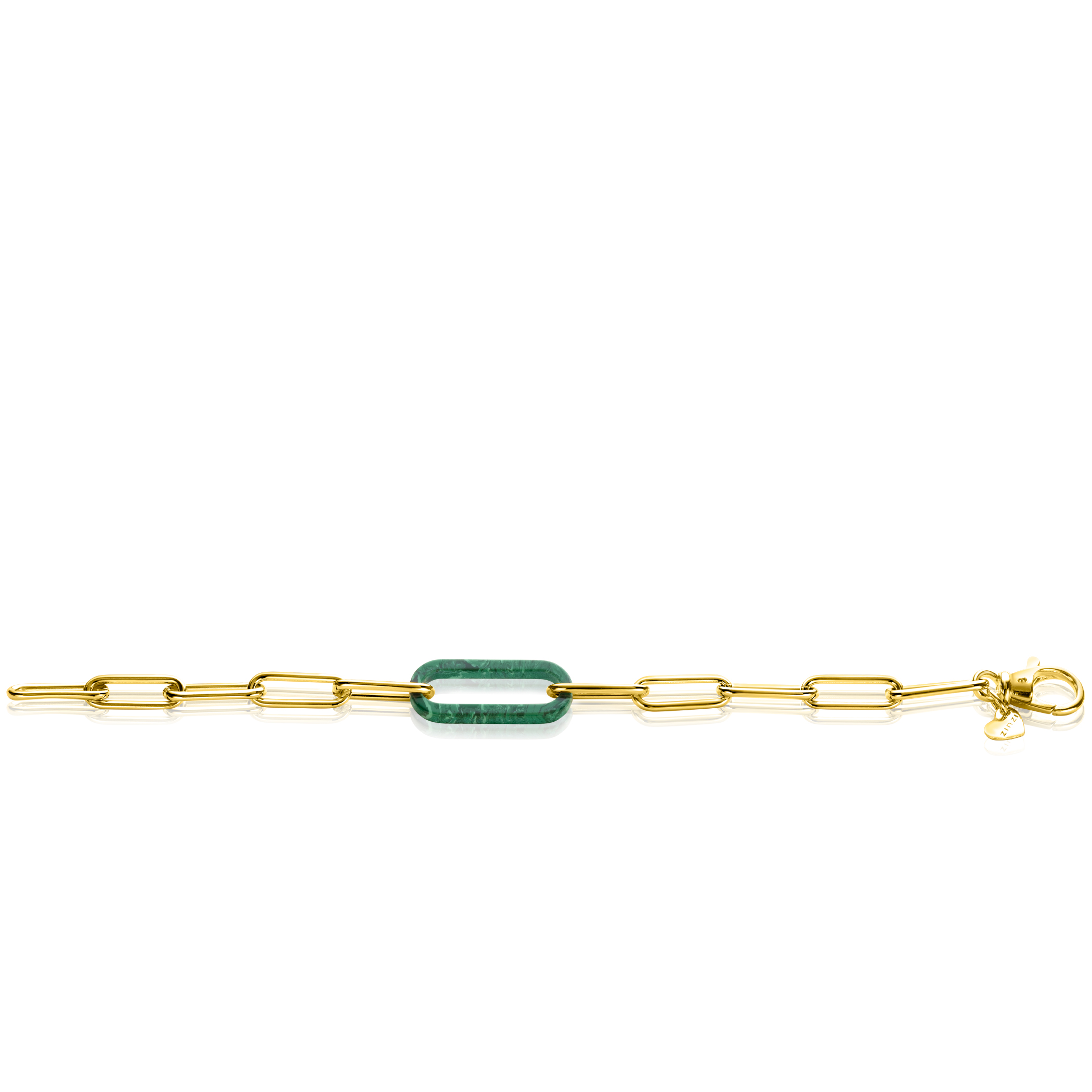 ZINZI gold plated zilveren luxe armband met paperclip-schakels en grote trendy ovale schakel in malachietgroen 20cm ZIA2488