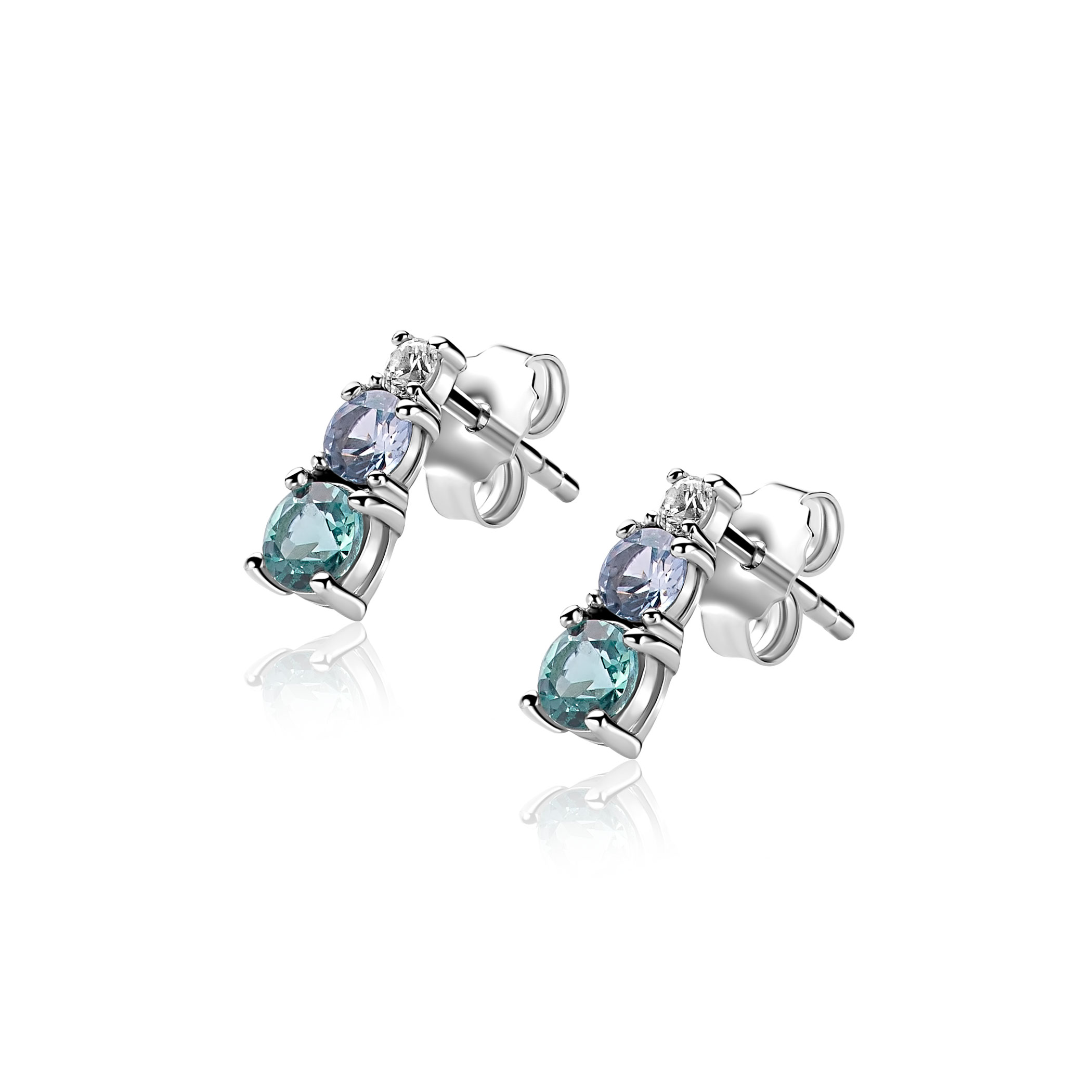 10mm ZINZI zilveren oorknoppen bezet met witte, blauwe en petrol blauwe zirkonia's ZIO-BF143