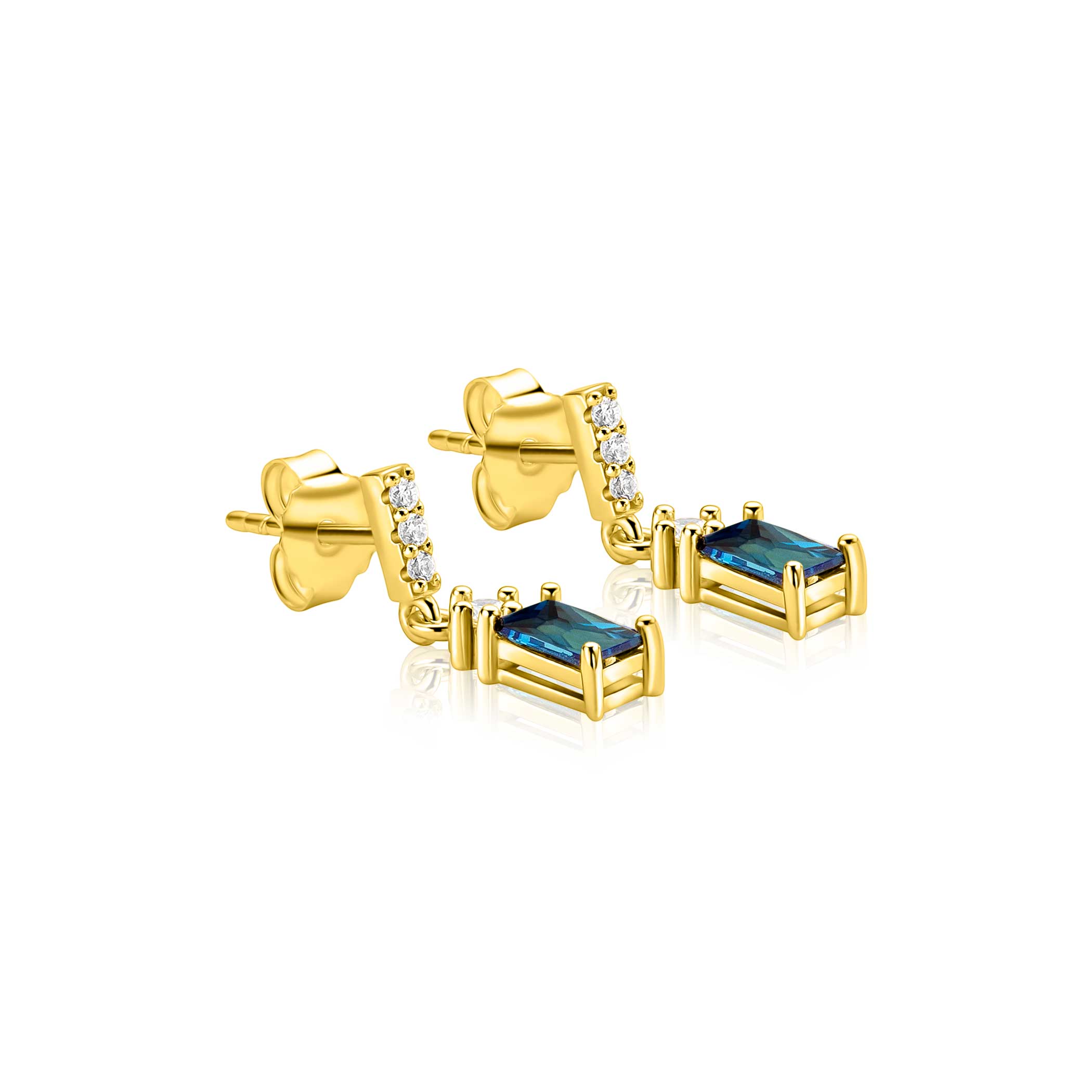 19mm ZINZI gold plated zilveren oorstekers met rechthoekige petrolblauwe kleursteen en rijzetting van witte zirkonia's ZIO2896