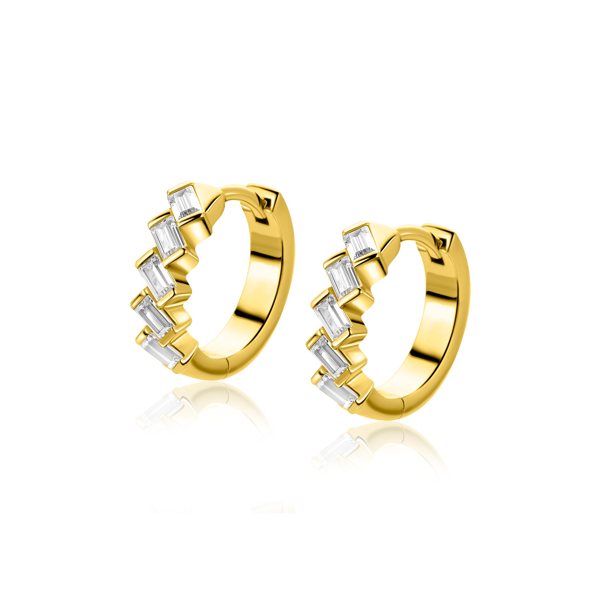 15,5mm ZINZI goldplated zilveren oorringen bezet met baguette-geslepen zirkonia’s in een modern lijnenspel, luxe klapsluiting ZIO2829