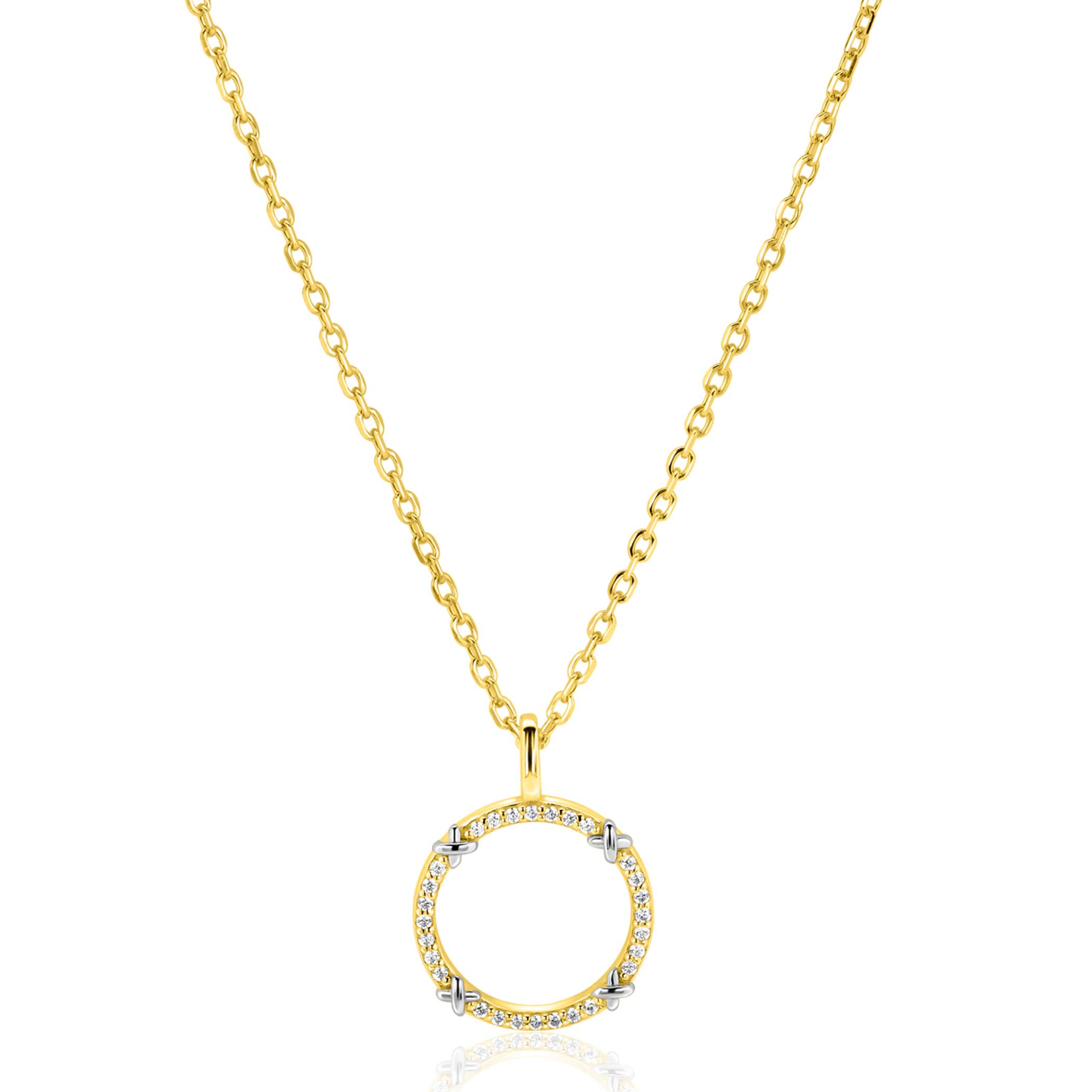 ZINZI goldplated zilveren ketting 45cm met open ronde hanger, verfraaid met X-details en witte zirkonia’s ZIC2814