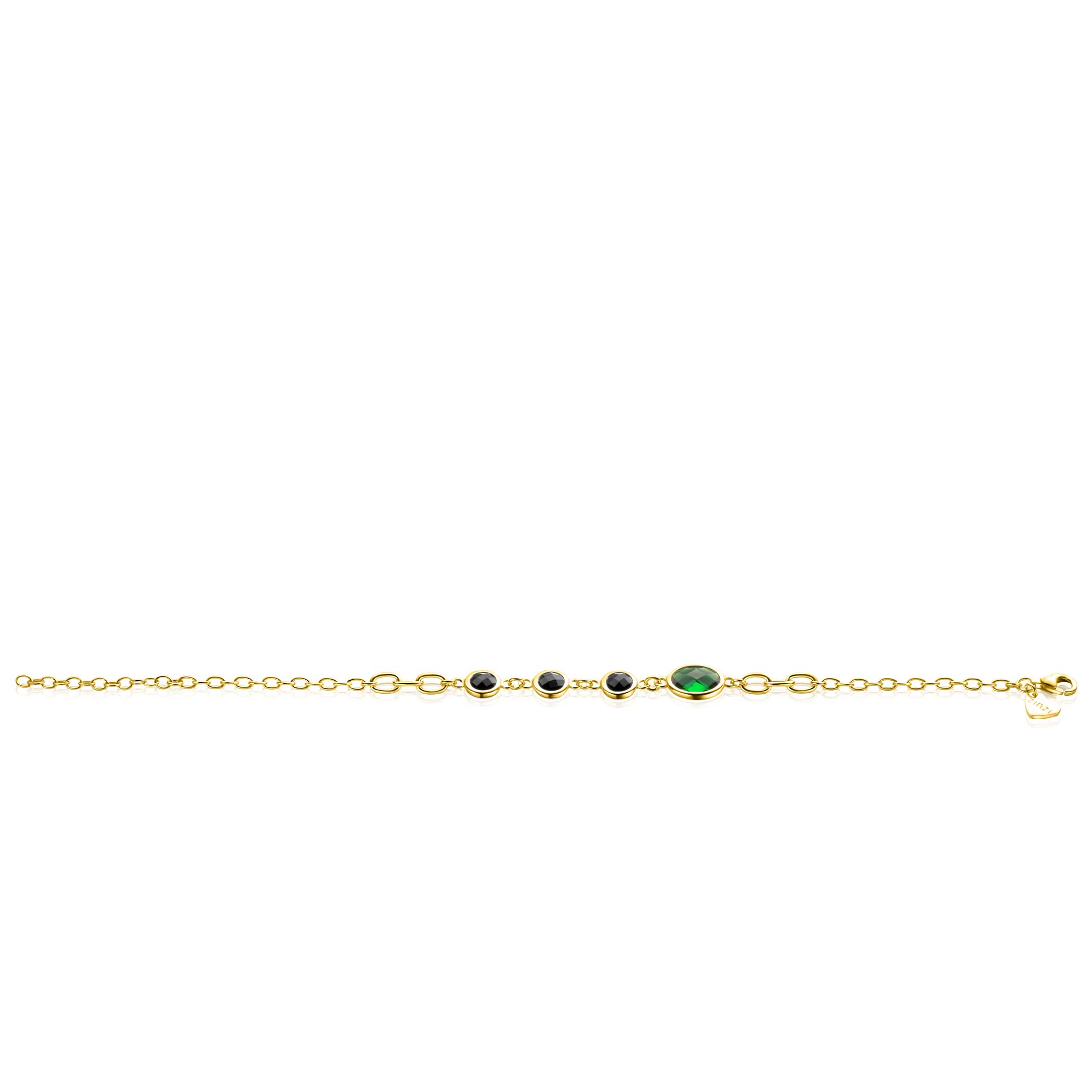 ZINZI gold plated zilveren schakel armband met drie ronde zettingen zwart en ovale zetting groen 17-20 cm ZIA2389