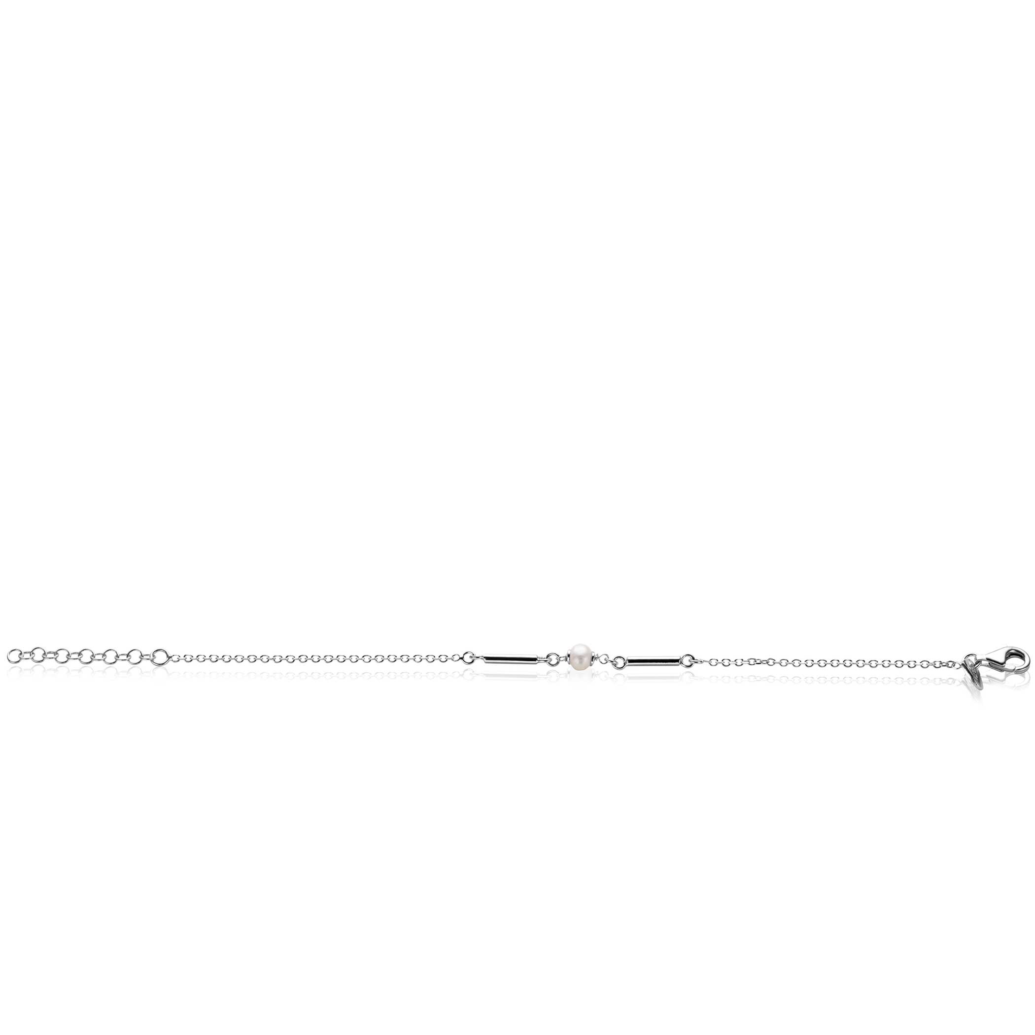 ZINZI zilveren schakel armband met twee glanzende staafjes en witte zoetwaterparel 17-20cm ZIA-BF108