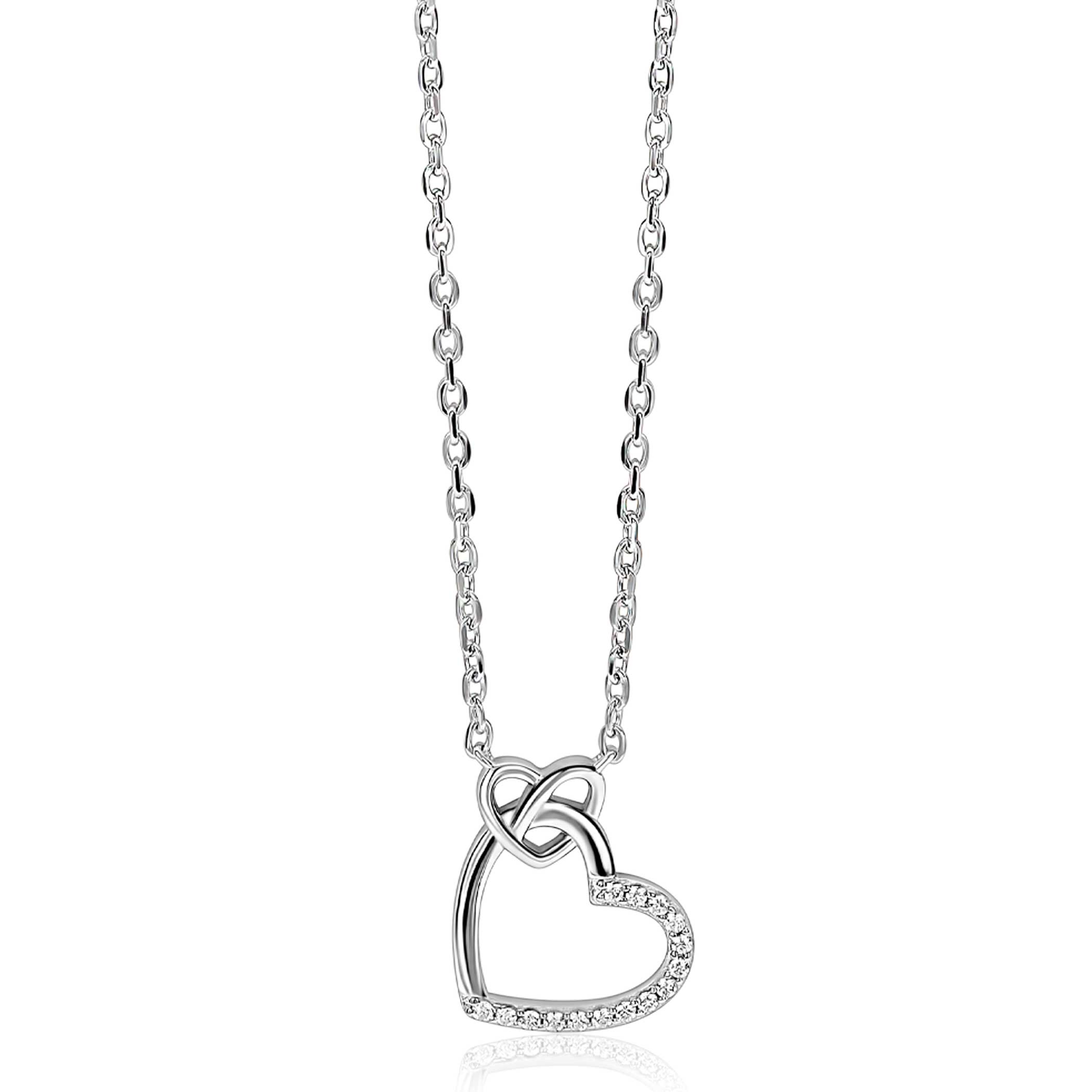 ZINZI zilveren ketting met twee sierlijke harten die met elkaar verbonden zijn, ook bezet met witte zirkonia's 42-45cm ZIC2874