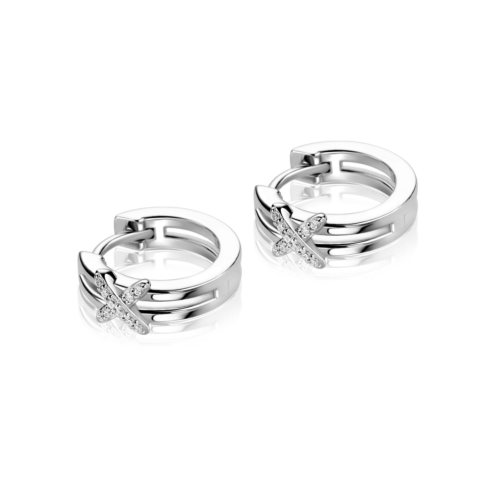 15mm ZINZI zilveren oorringen met speels X-detail bezet met witte zirkonia's ZIO2813