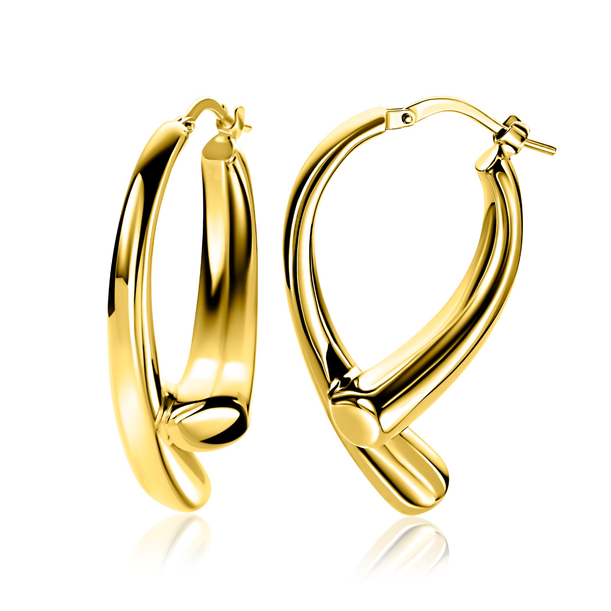 35mm ZINZI goldplated zilveren grote oorringen in organische druppelvorm met vloeiende lijnen en handige bovensluiting ZIO2786G