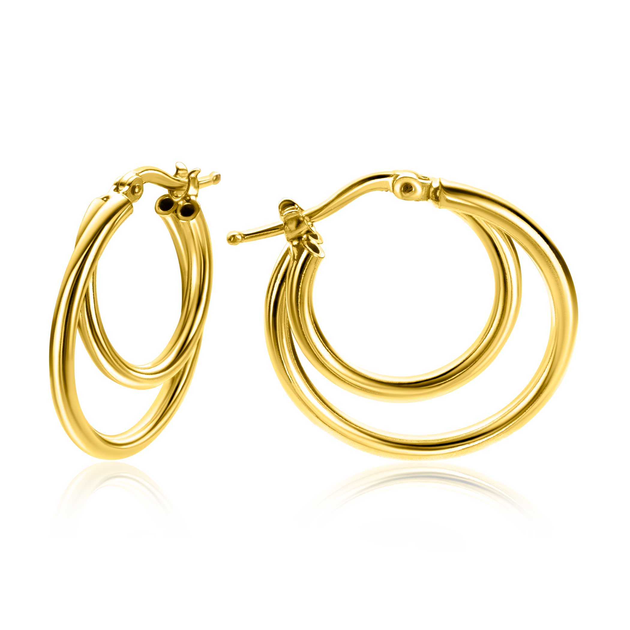 23mm ZINZI gold plated zilveren oorringen met een dubbele oorring in het midden. Een trendy multi-look uitstraling ZIO2483G