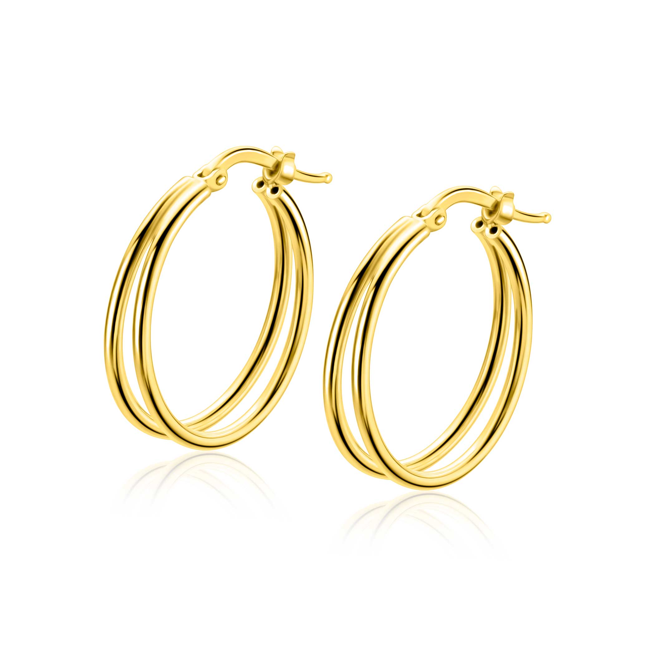 24mm ZINZI gold plated zilveren multi-look oorringen met dubbele buis. Met gemakkelijke bovensluiting ZIO2858G